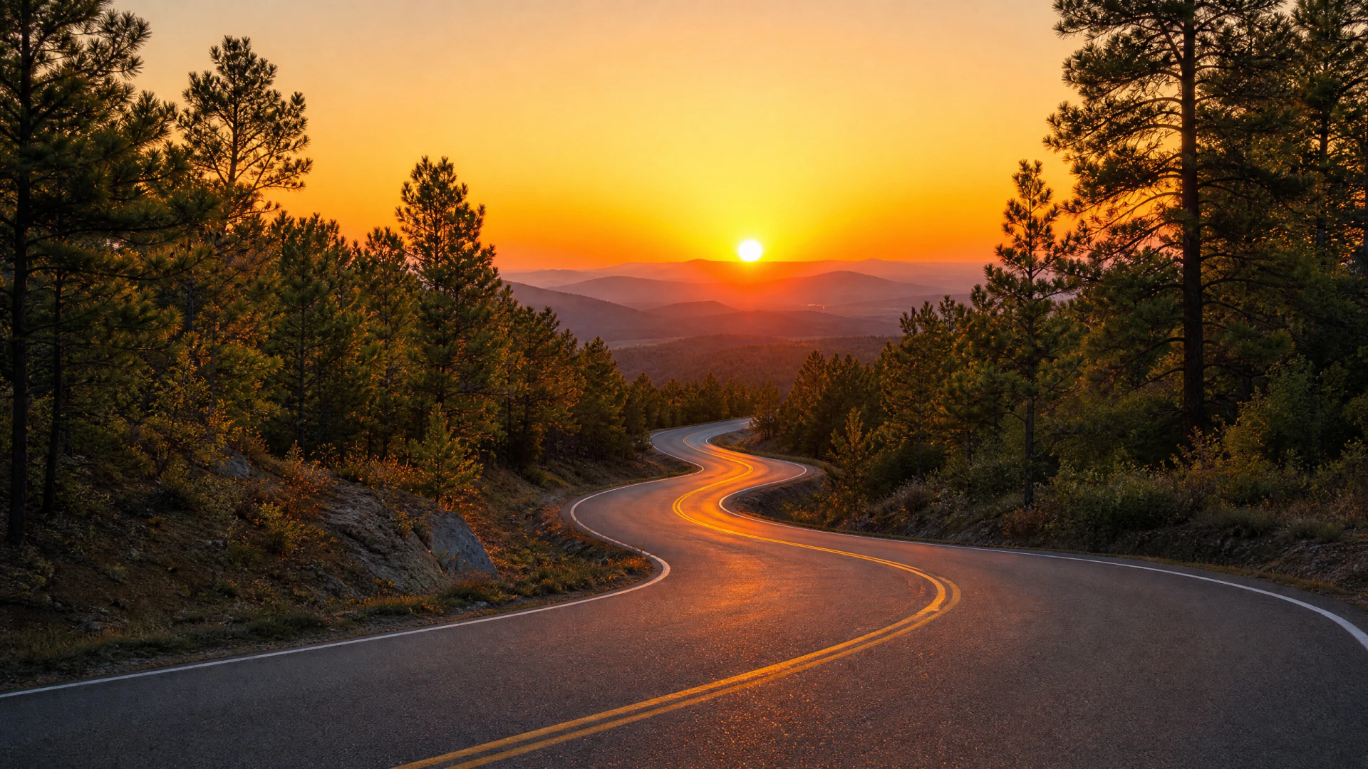 A winding two-lane road curves through a pine forest at sunset, with the sun low on the horizon above distant mountains.