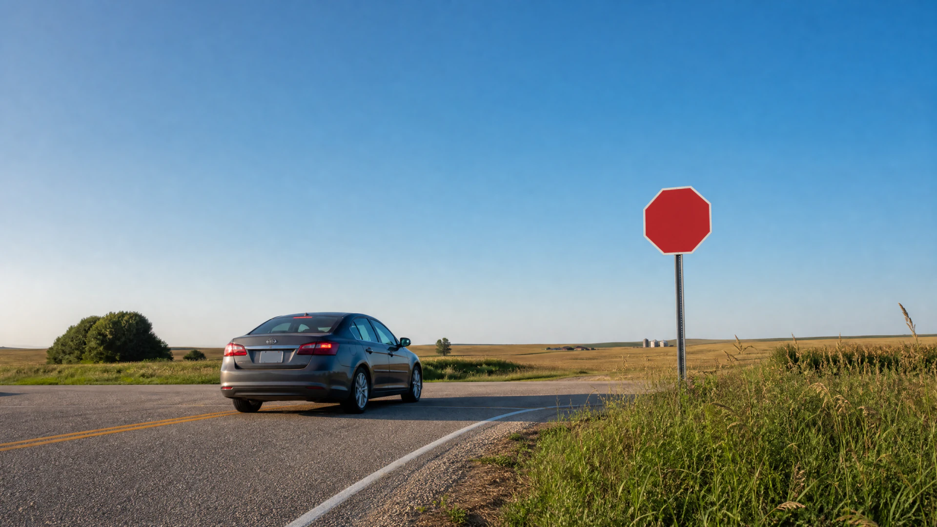 A gray sedan drives past a blank red stop sign on a rural two-lane road surrounded by open grassland.
