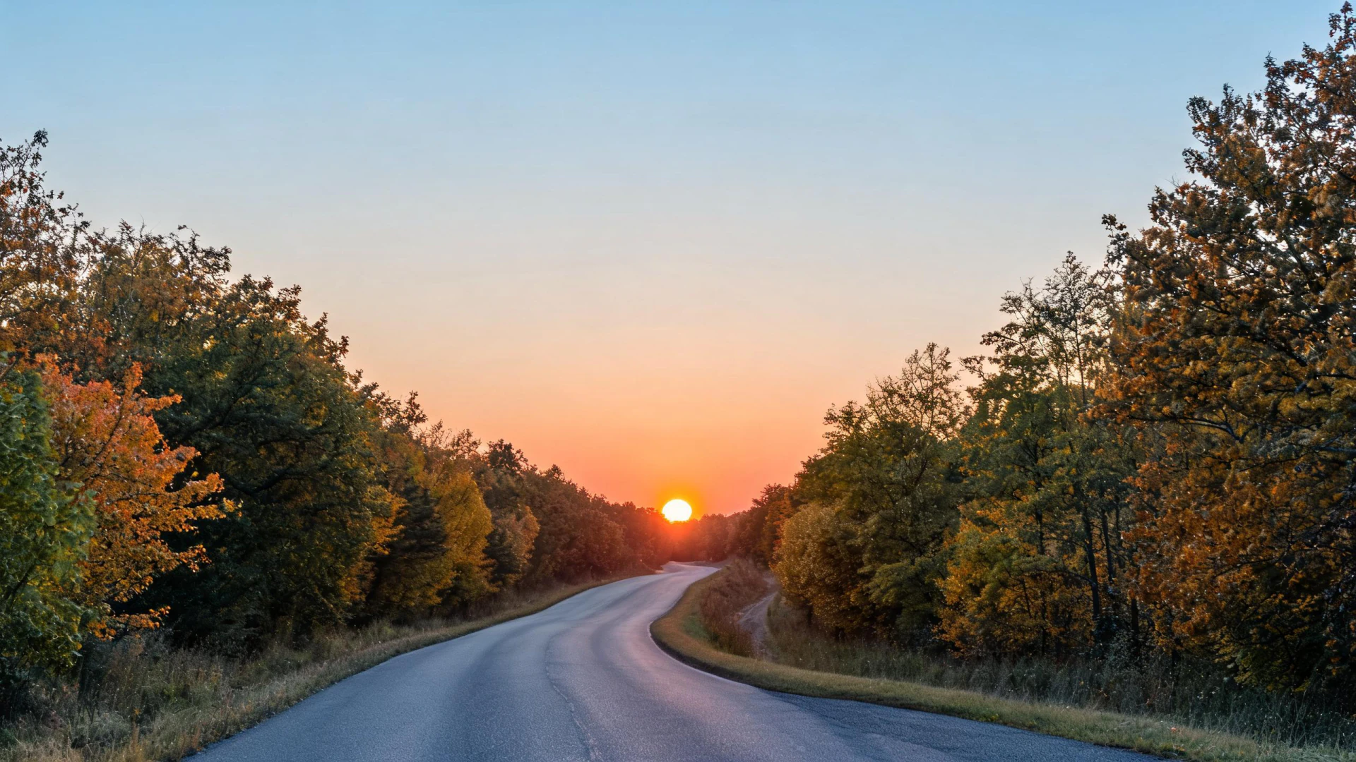 A winding rural road lined with autumn-colored trees leads toward a low sun setting on the horizon.