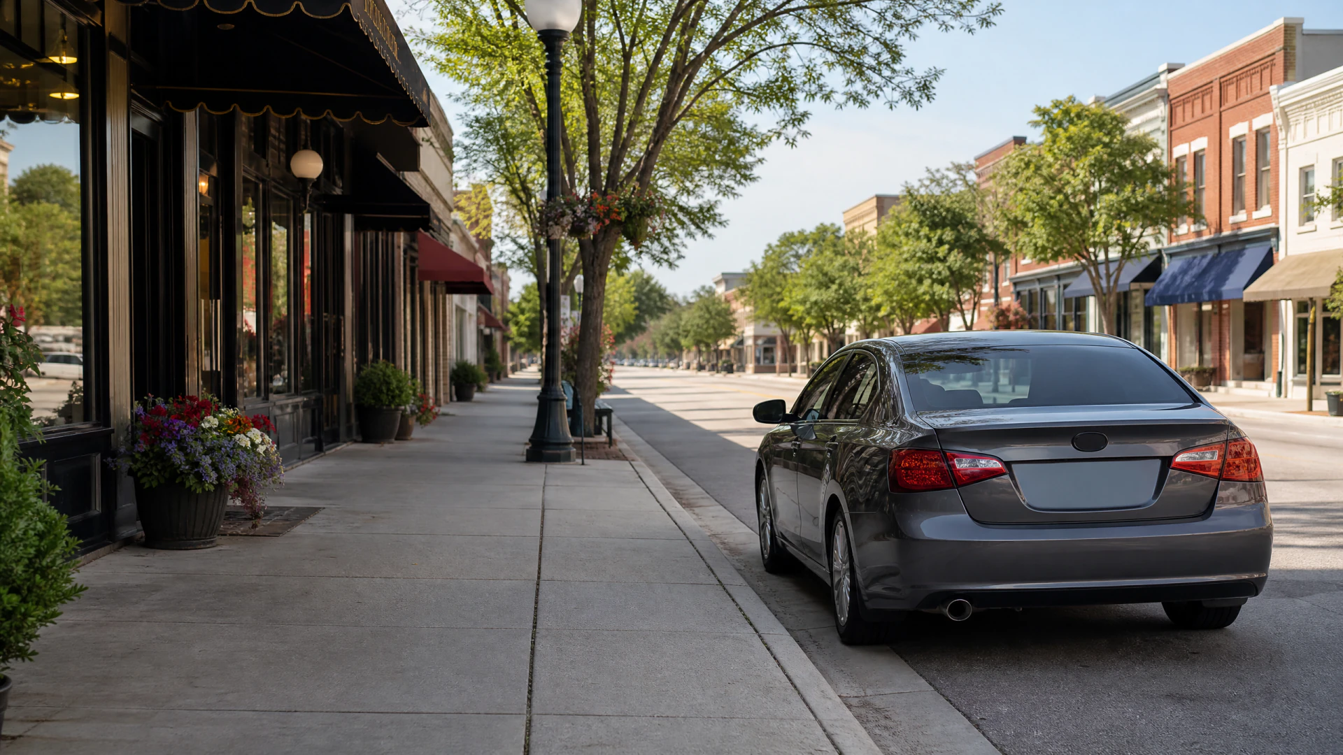 A gray sedan parked along a tree-lined small-town main street flanked by brick storefronts with awnings and decorative lamp posts.