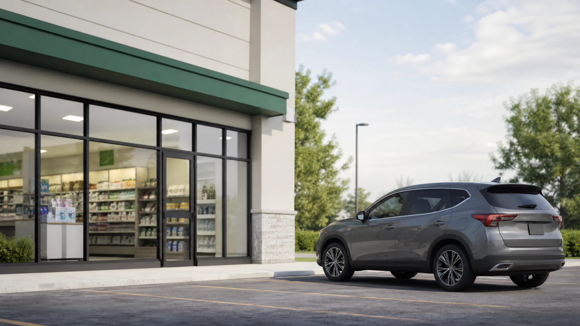 A gray SUV parked in front of a retail store with large glass storefront windows and green trim.