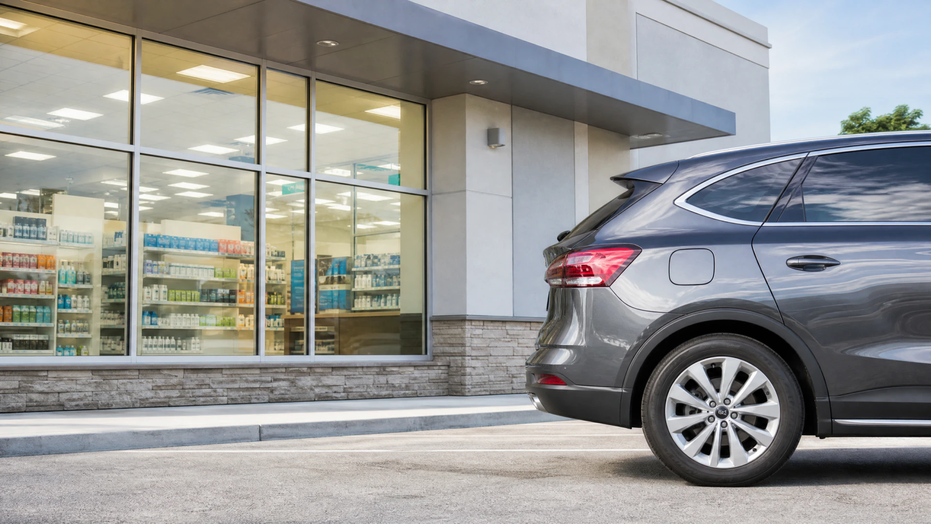 A gray SUV parked in front of a modern retail store with large windows displaying shelves of packaged goods.