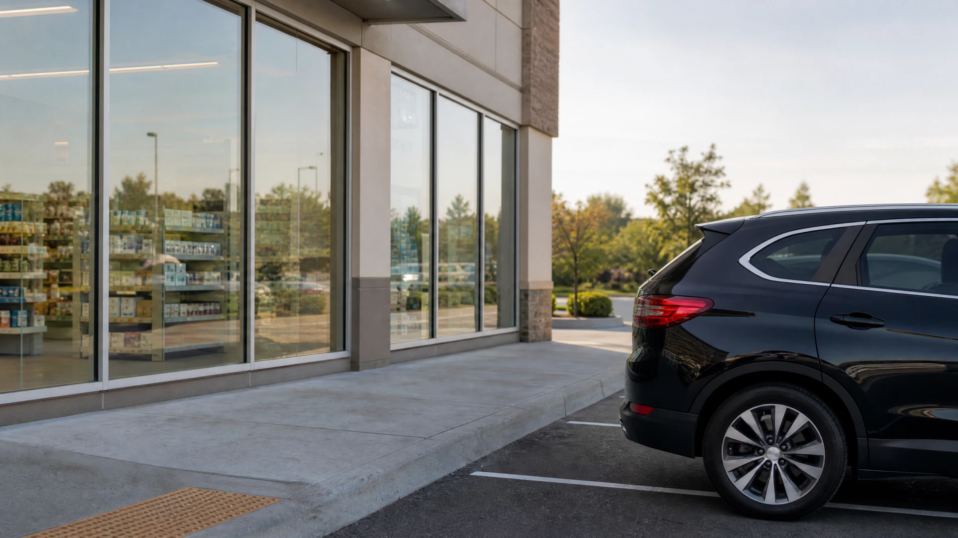A black SUV parked alongside the windowed exterior wall of a retail store, with product shelves visible through the glass.
