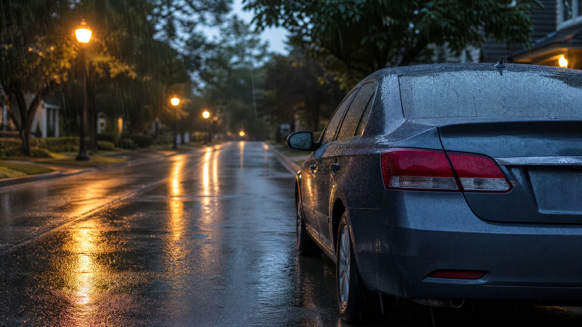 A rain-covered gray sedan is parked on a wet residential street illuminated by glowing street lamps at dusk.