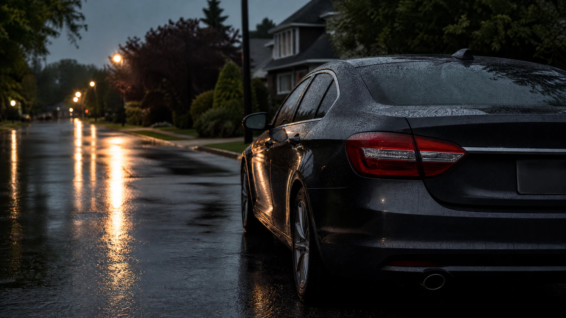 A wet dark sedan parked on a rain-slicked residential street at dusk, with street lamps reflecting off the pavement.