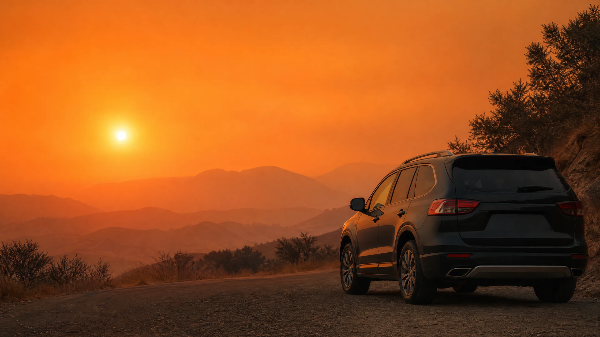 A dark SUV parked on a mountain road beneath a vivid orange sunset sky, with silhouetted mountain ridges in the distance.
