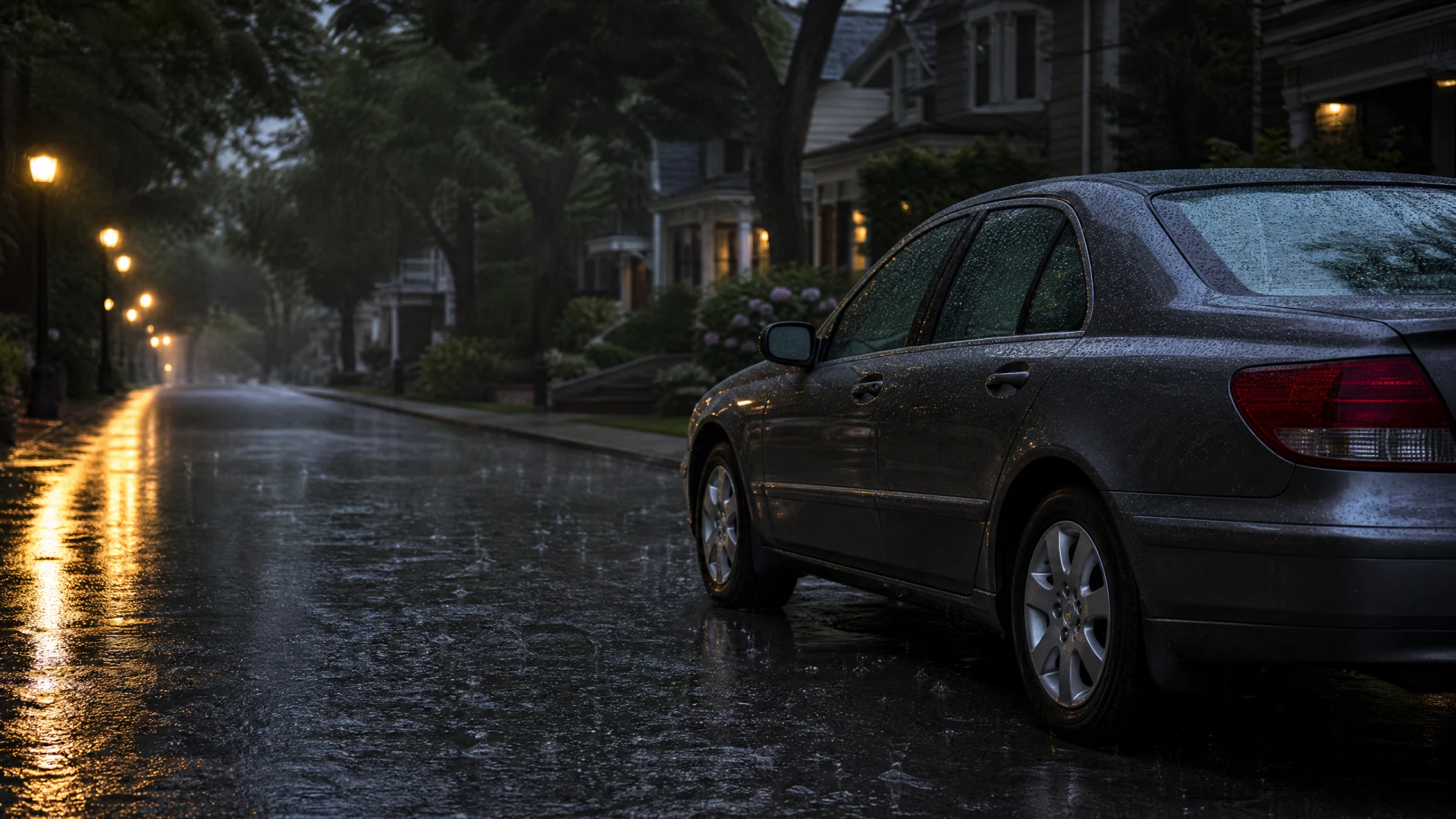 A silver sedan parked on a rain-soaked residential street at dusk, with glowing street lamps reflecting on the wet pavement.