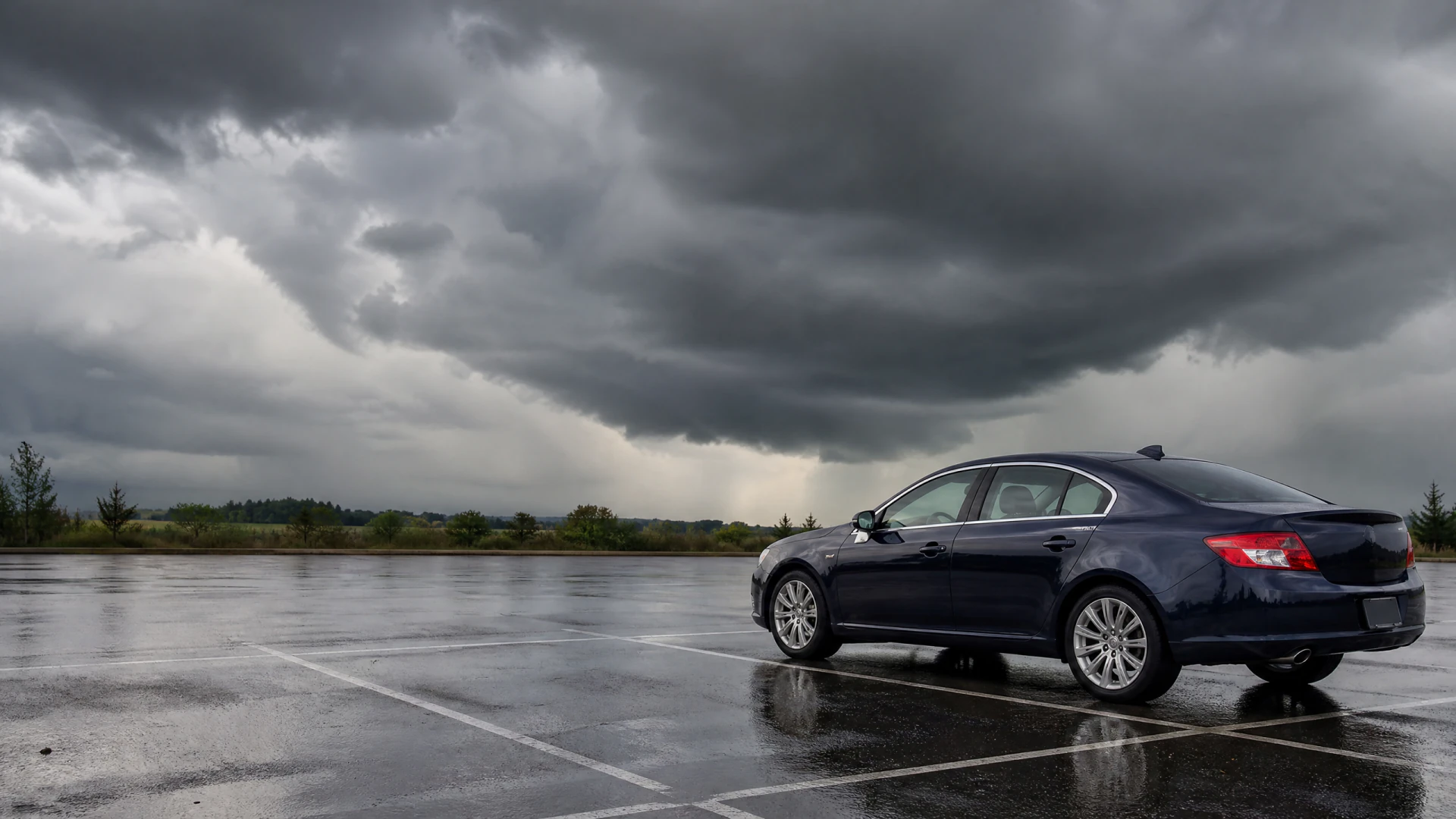 A dark blue sedan sits in a rain-soaked empty parking lot beneath a stormy, cloud-filled sky.