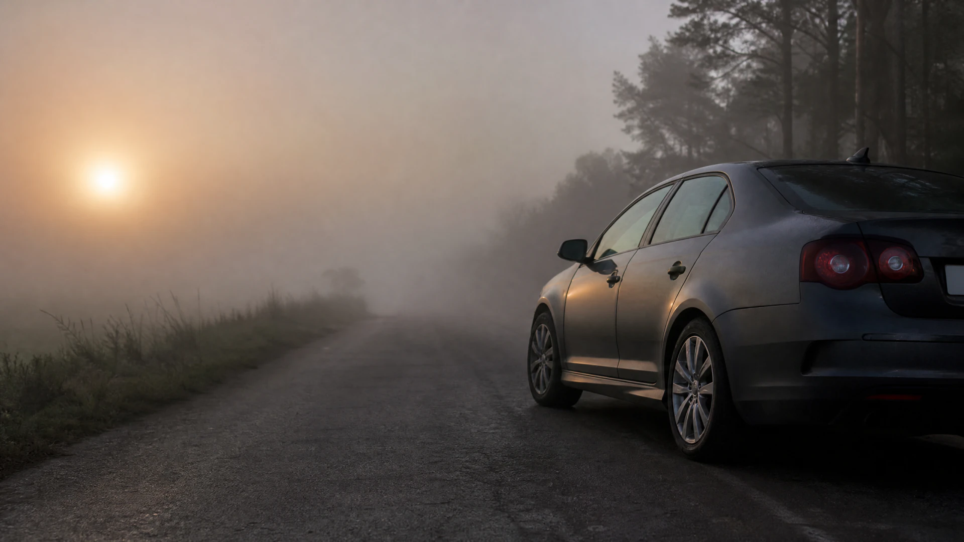 A silver sedan sits on the shoulder of a foggy rural road at dawn, surrounded by trees and diffused morning light.