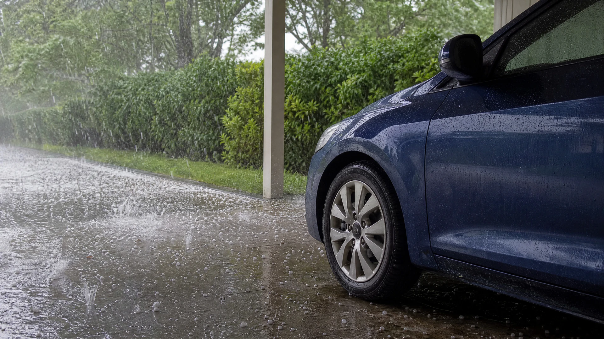 A dark blue sedan sits parked under a carport while heavy rain floods the surrounding pavement.