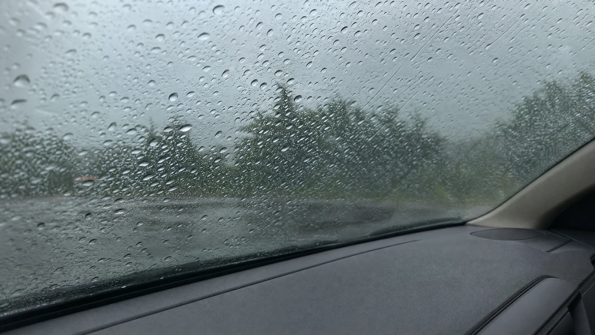Interior view from a car dashboard looking through a windshield covered in raindrops, with blurred trees and a grey sky visible outside.