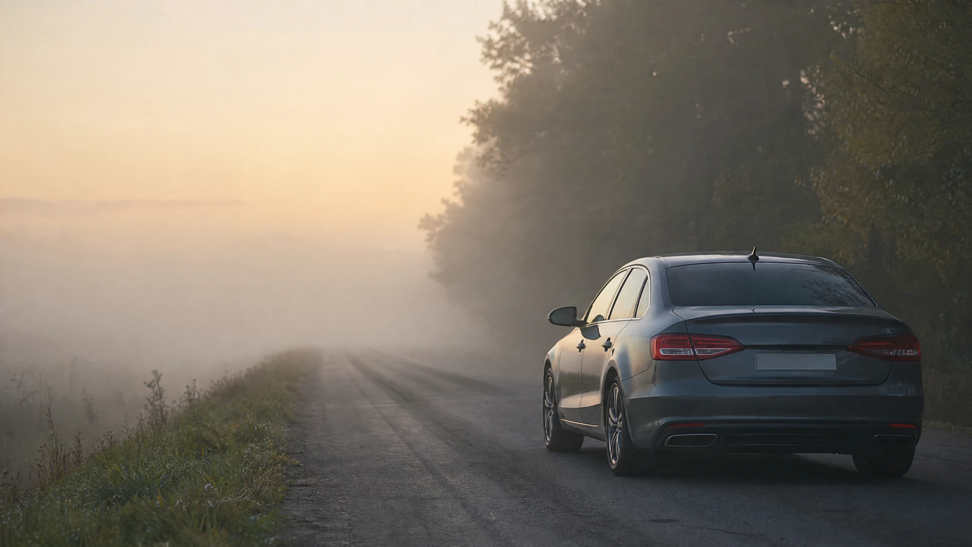 A gray sedan travels down a foggy rural road flanked by trees and open fields.