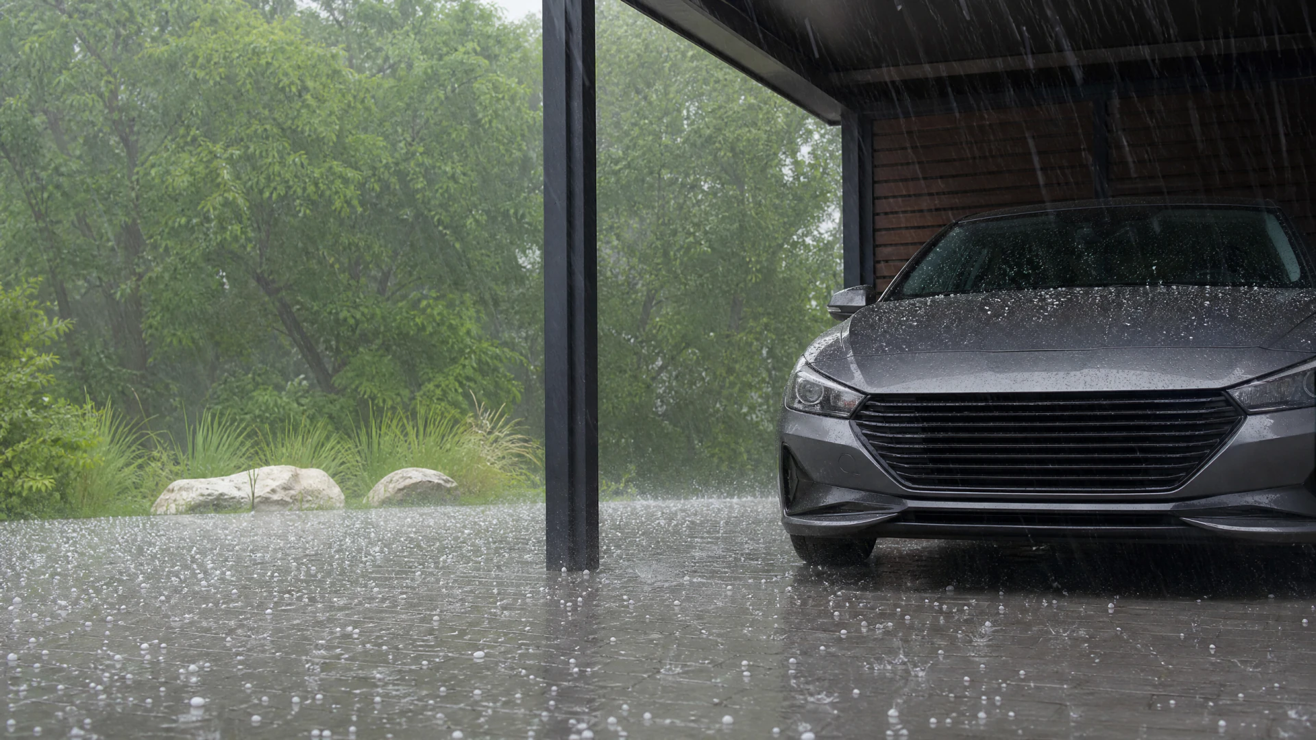 A gray sedan sheltered under a carport while large hailstones fall and bounce across a flooded driveway during a severe rainstorm.