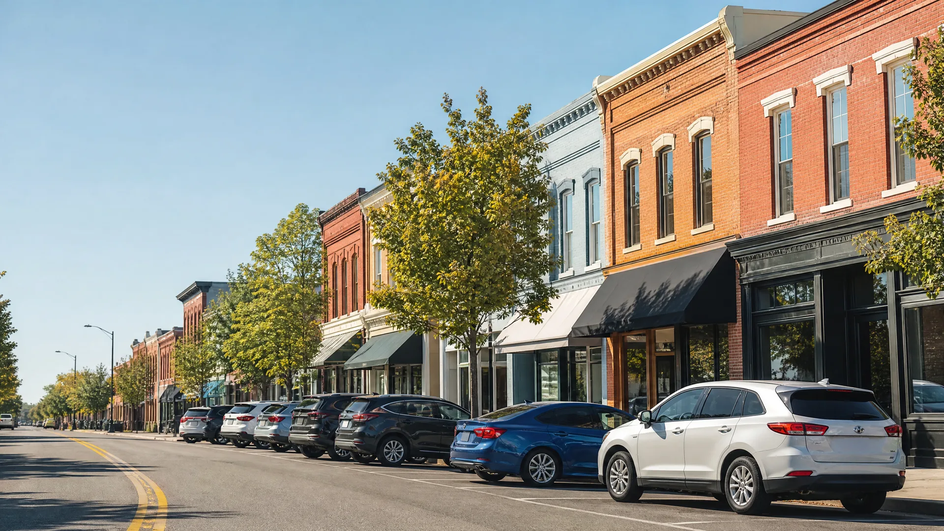 A row of two-story brick storefronts with awnings along a sunlit street, with cars angle-parked at the curb and street trees in yellowing foliage.