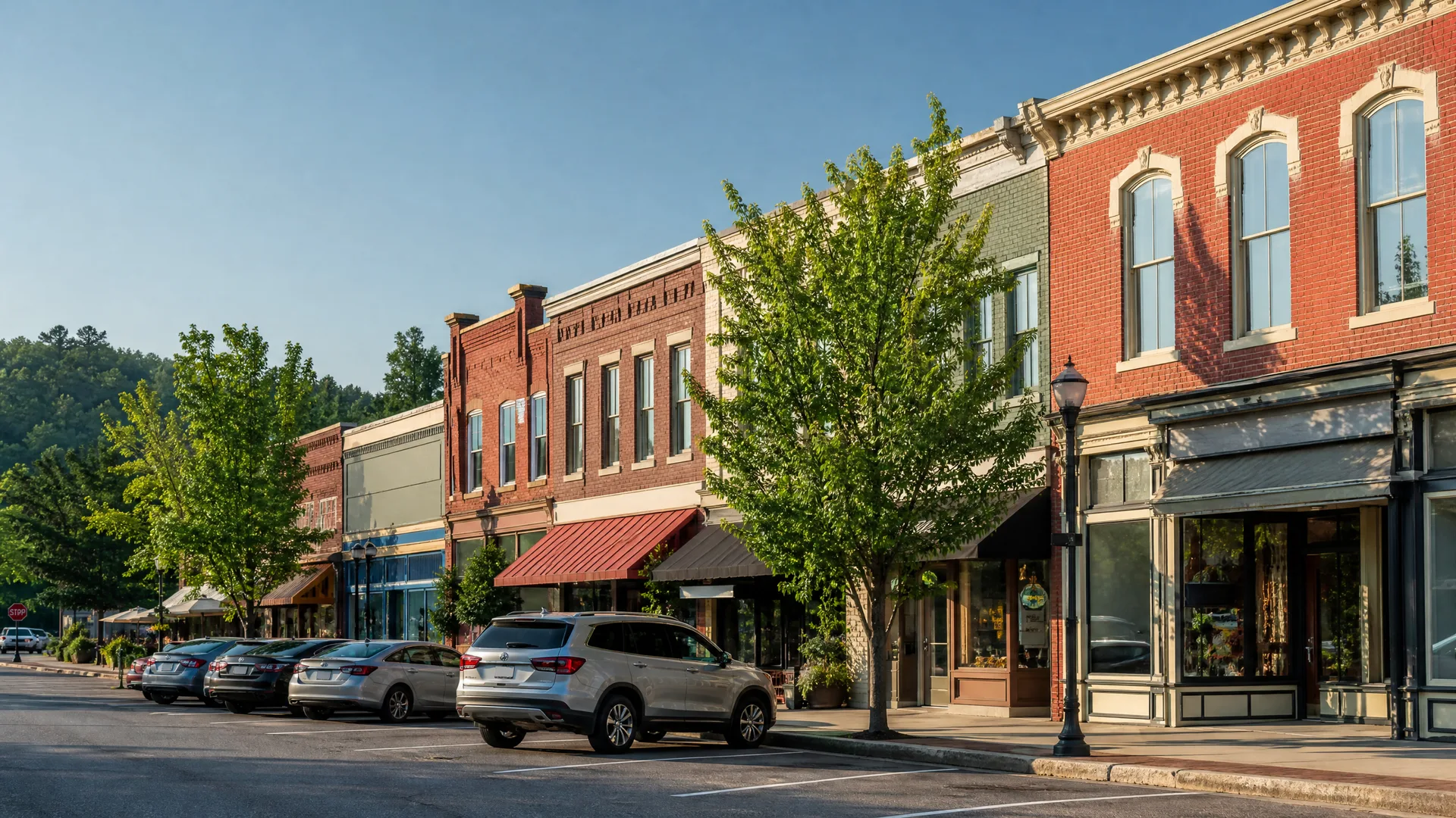 A row of two-story brick and painted storefronts along a small-town main street, with cars angle-parked at the curb, leafy trees and a black lamppost on the sidewalk under a clear blue sky.