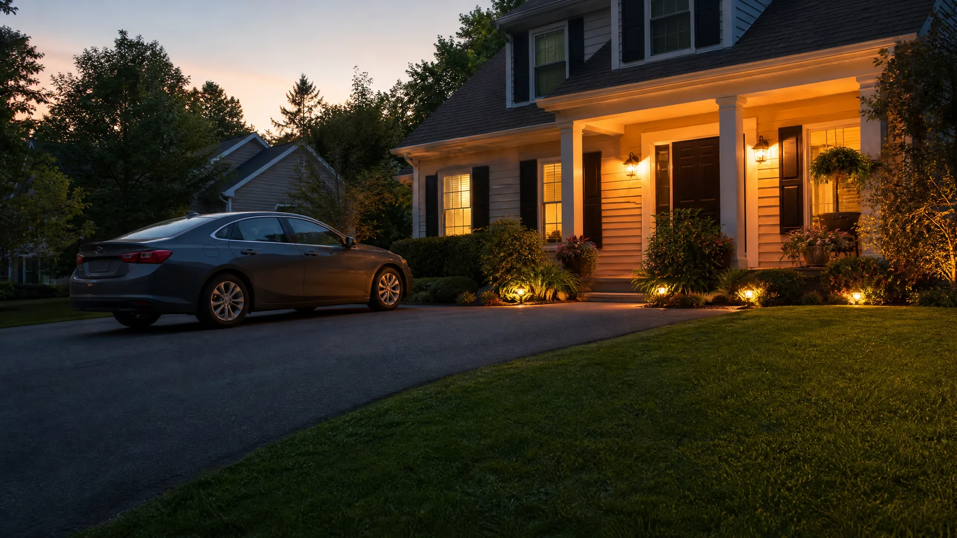 A gray sedan parked on a paved driveway at dusk beside a light-colored clapboard house with a lit porch, illuminated landscape plantings, and a lawn in the foreground.