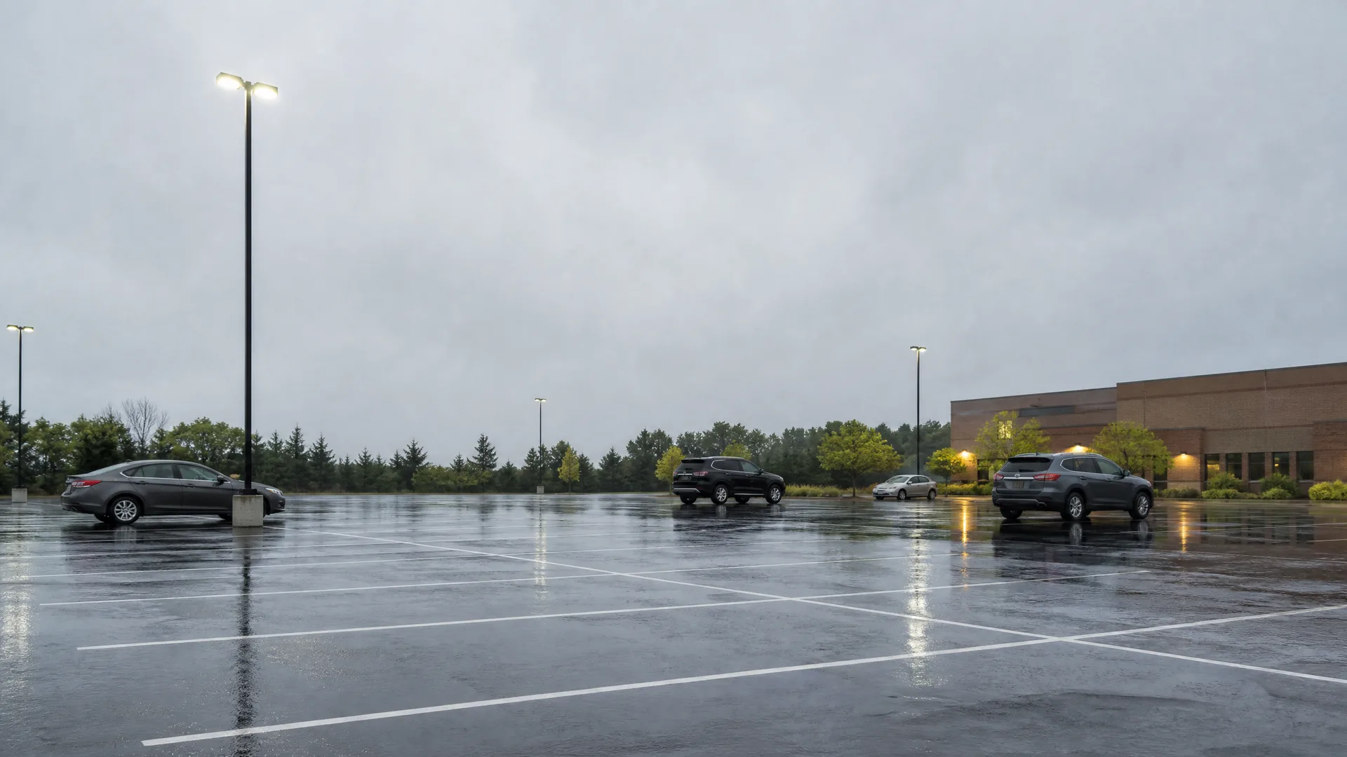 A wet, mostly empty parking lot with a few parked cars, tall light poles, a row of evergreen trees, and a low brick building under an overcast gray sky.