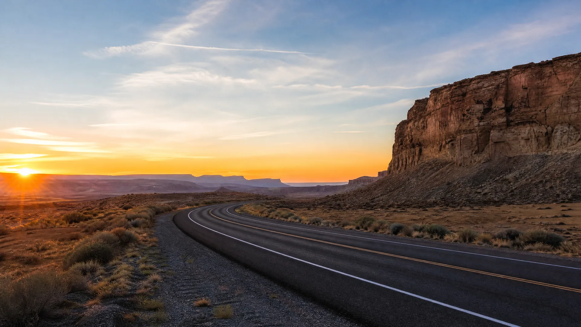 A two-lane paved road curves through flat desert scrubland at sunset, with a tall layered rock cliff on the right and distant mesas on the horizon.