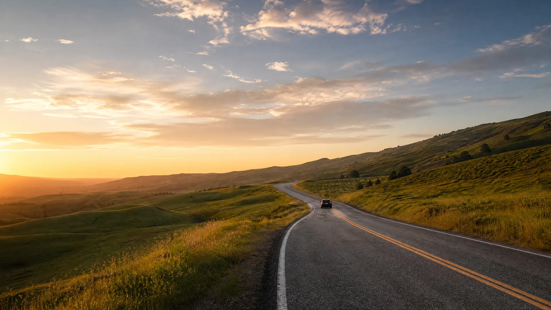 A two-lane asphalt road with a double yellow center line curves through grassy rolling hills, with a single car in the distance and a hazy sunset sky.