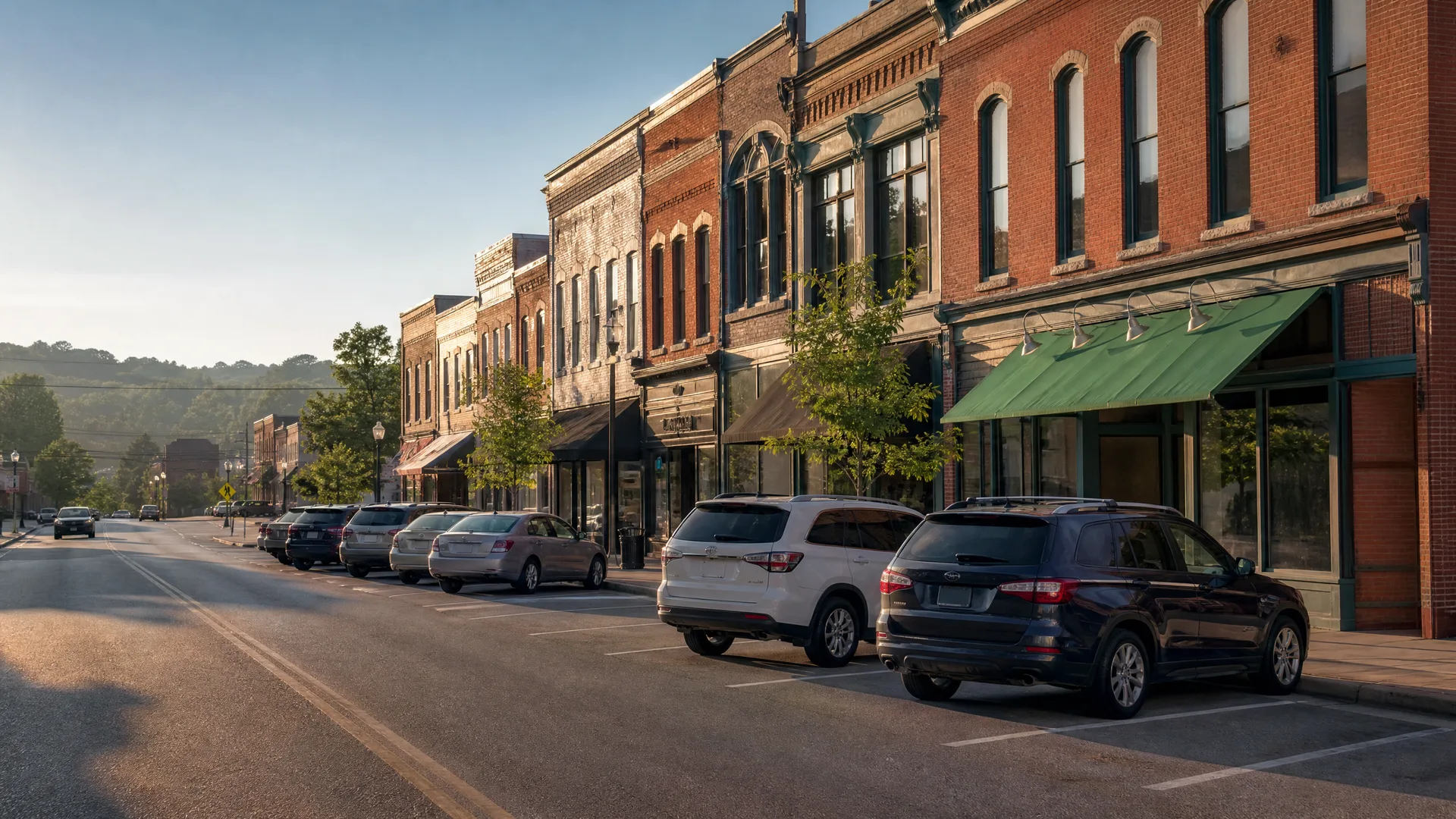 A small-town main street lined with two- and three-story brick commercial buildings, with cars parked diagonally along the curb and an empty asphalt road in the foreground under a clear sky.