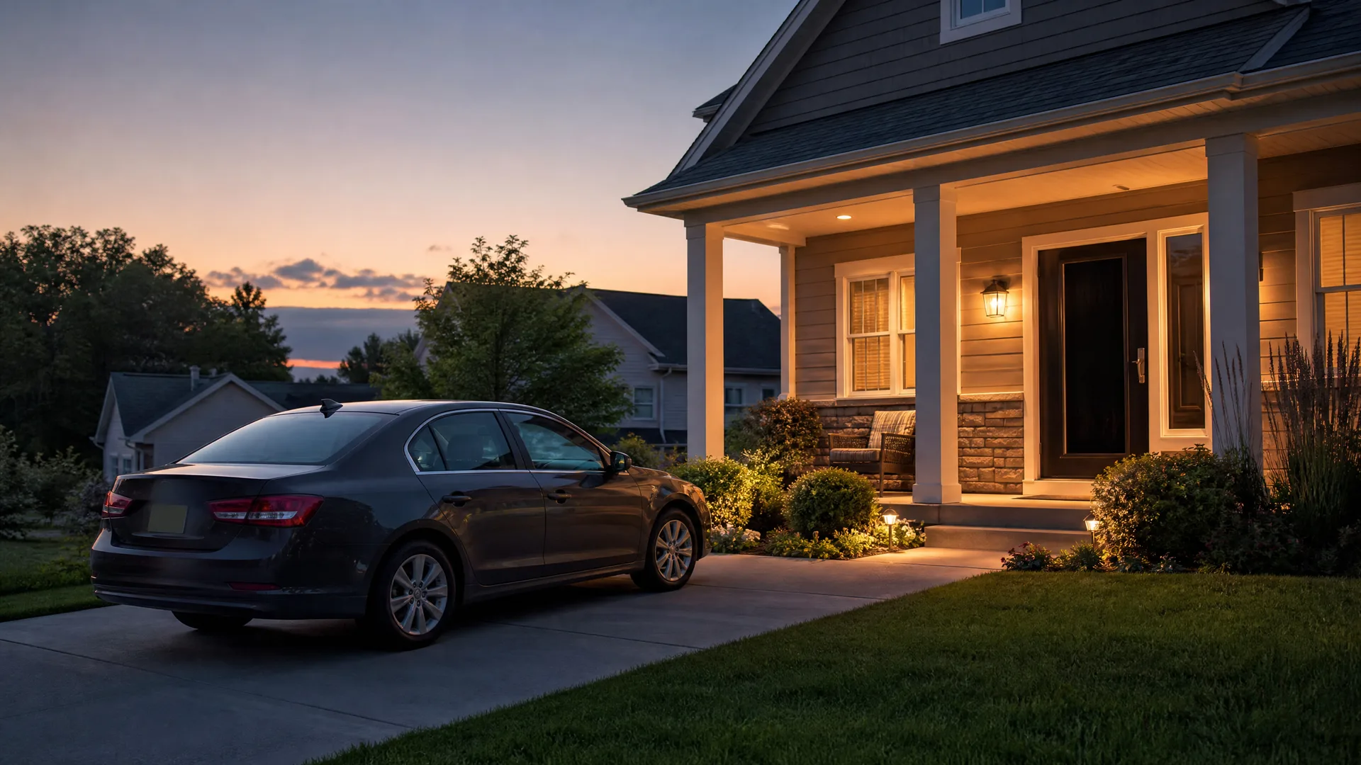 A dark sedan parked in a driveway beside a lit covered porch of a two-story suburban house at dusk, with shrubs, lawn and a pink-orange sky.