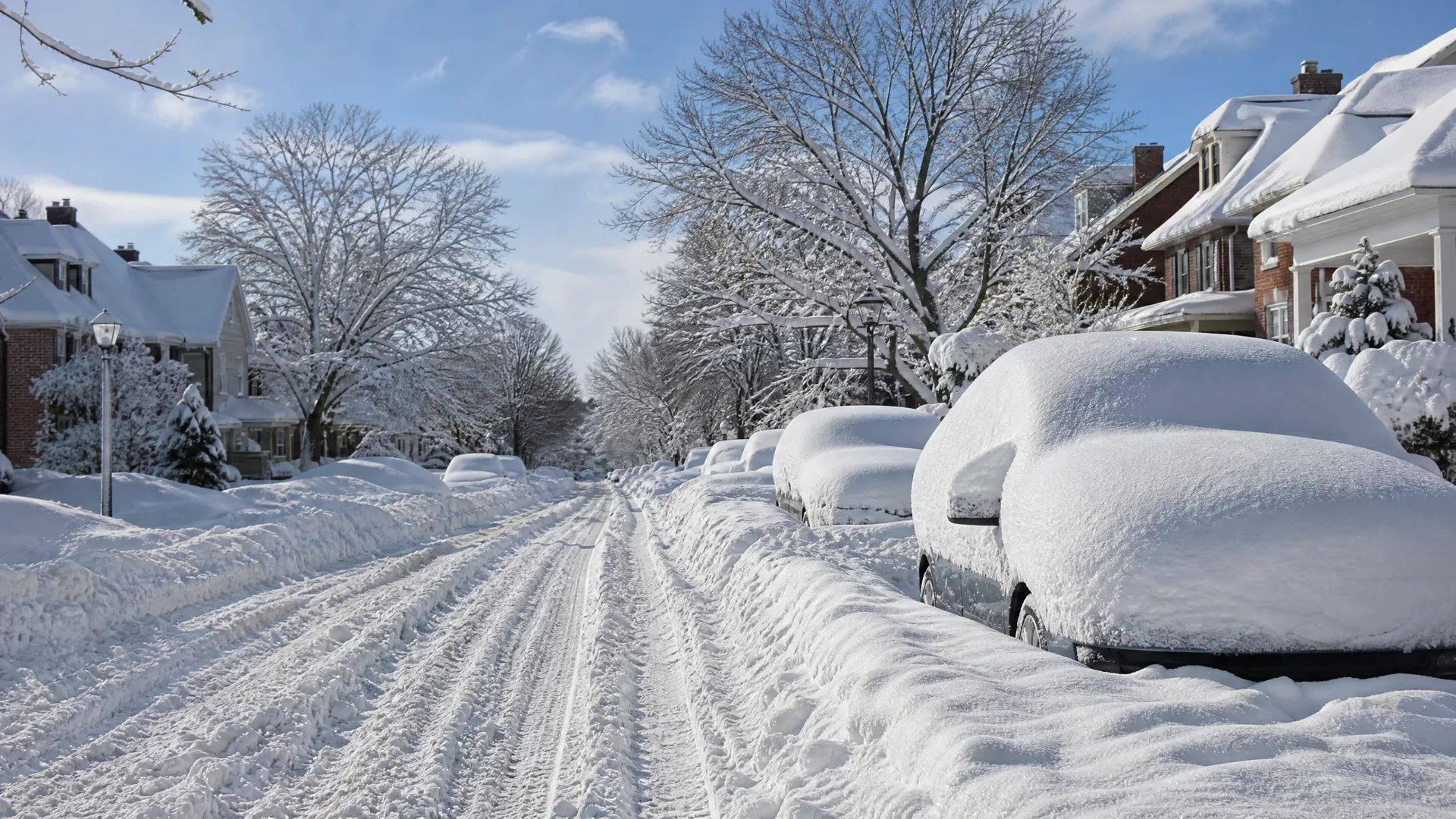 A residential street covered in deep snow with tire tracks, snow-buried parked cars along the right curb, bare snow-laden trees, and brick houses on both sides under a blue sky.
