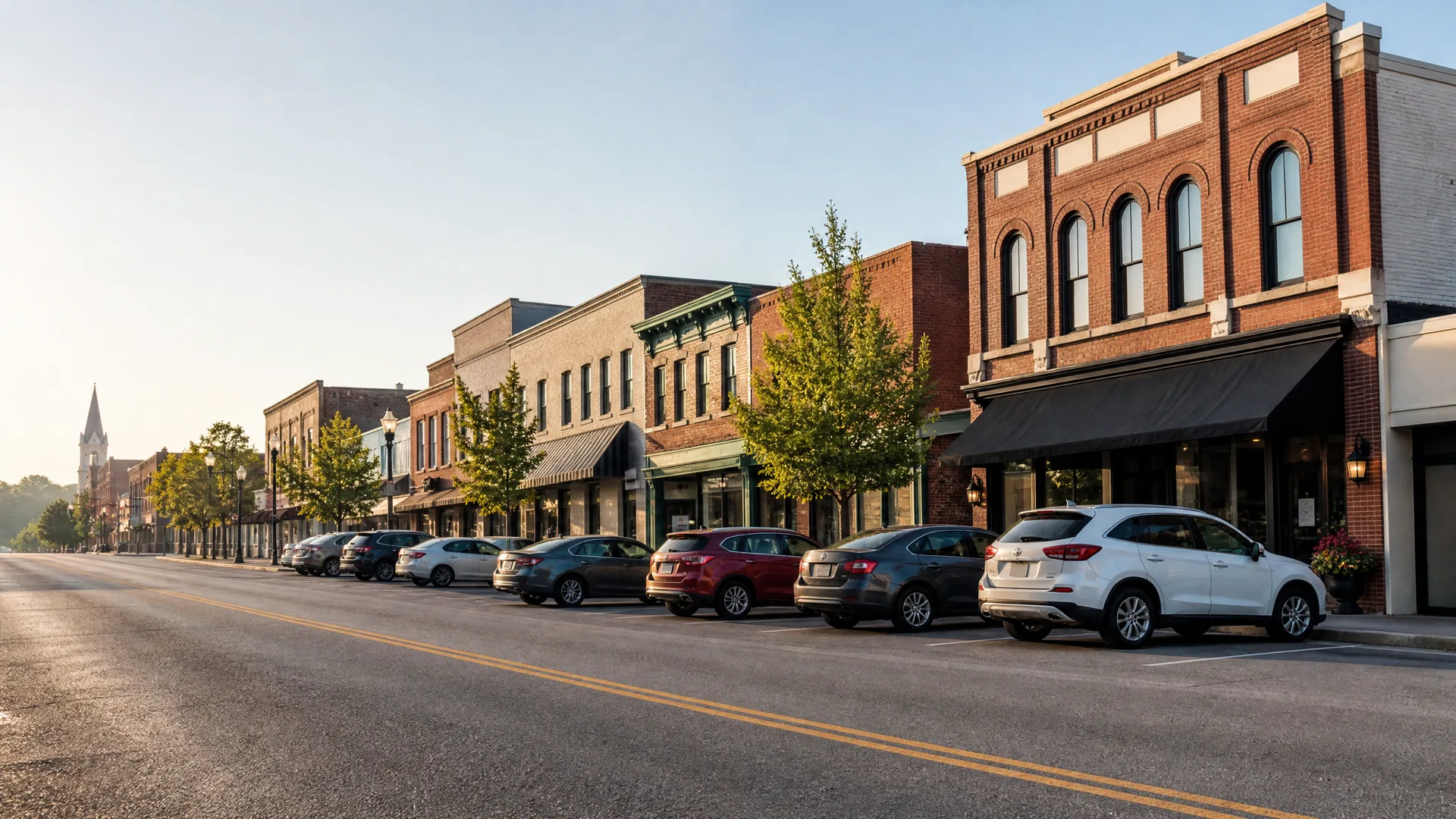 A row of two-story brick storefronts with awnings along a small-town main street, with cars angle-parked at the curb and green trees lining the sidewalk under a clear sky.