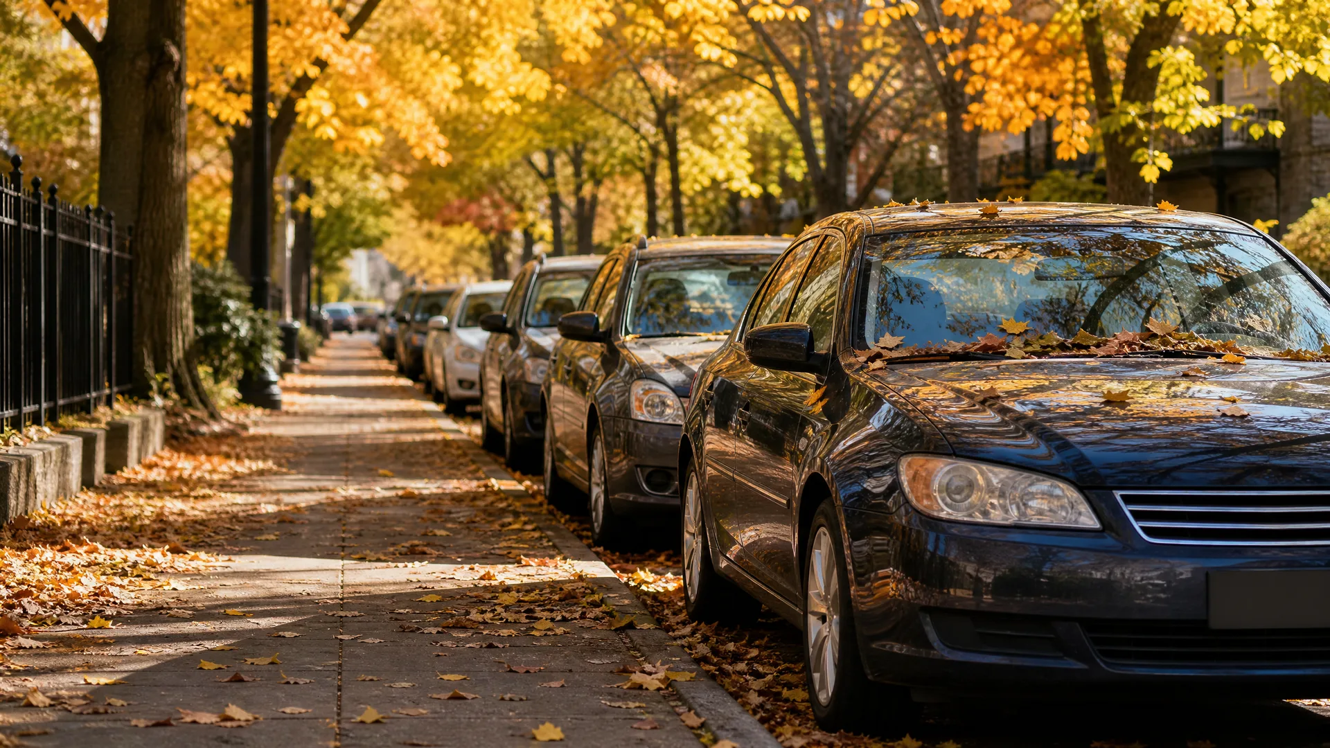 Cars parked along a residential street curb beside a leaf-strewn sidewalk, under trees with yellow and orange autumn foliage.
