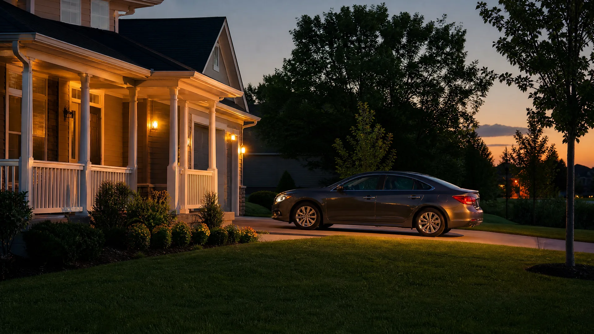 A dark gray sedan parked on a driveway at dusk beside a house with a lit covered porch, white columns and railings, surrounded by lawn, shrubs and trees.