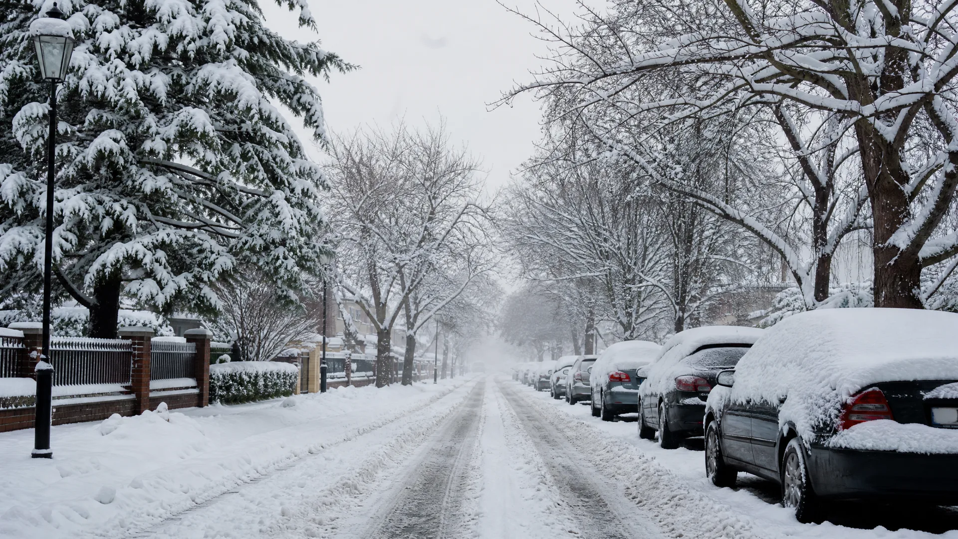 A snow-covered residential street lined with parked cars under snow, bare trees and a snow-laden evergreen, with a black lamppost and brick wall on the left.