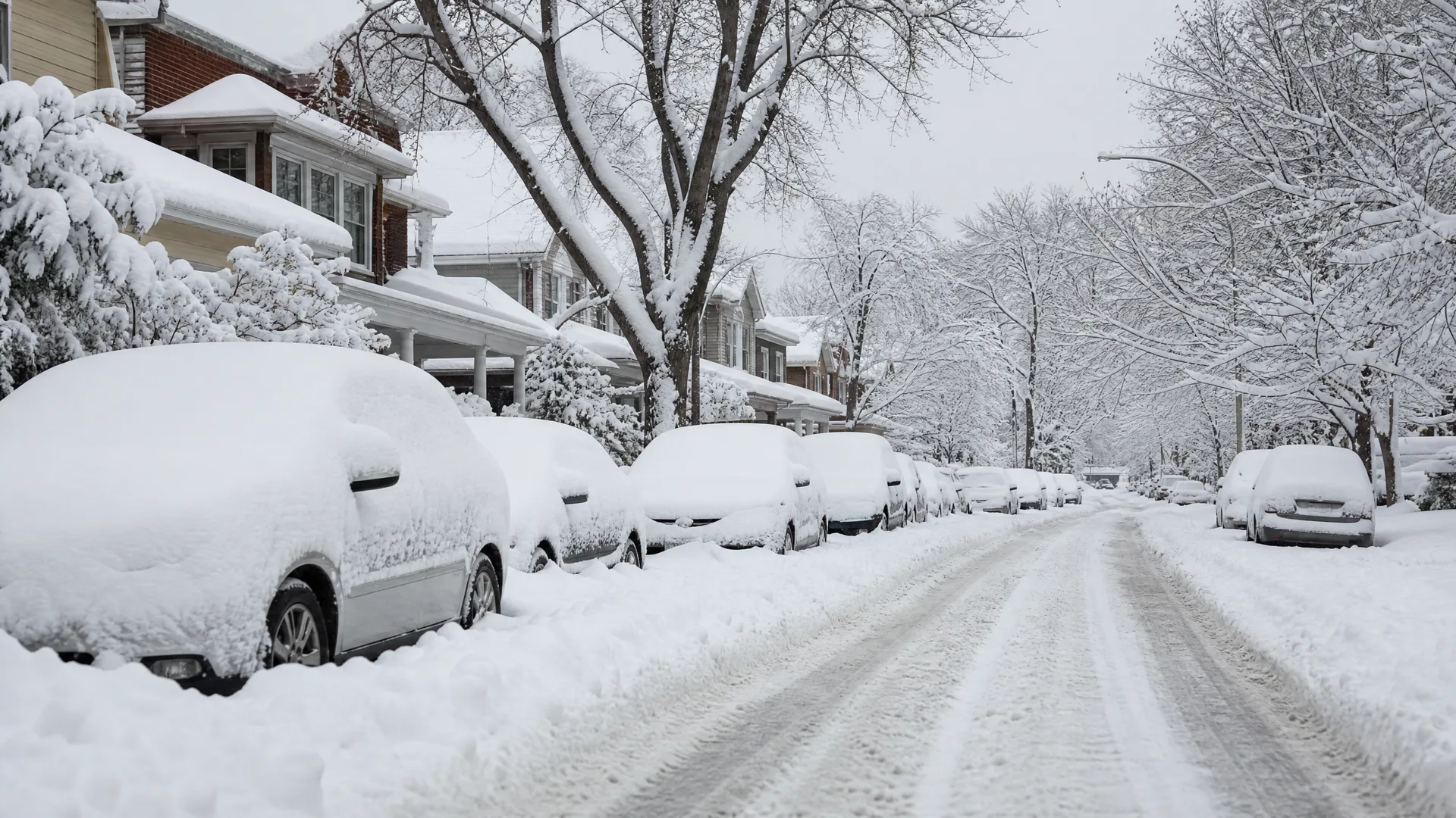 A residential street lined with snow-covered parked cars and bare trees, with houses on the left and tire tracks in the snow-covered roadway under an overcast sky.