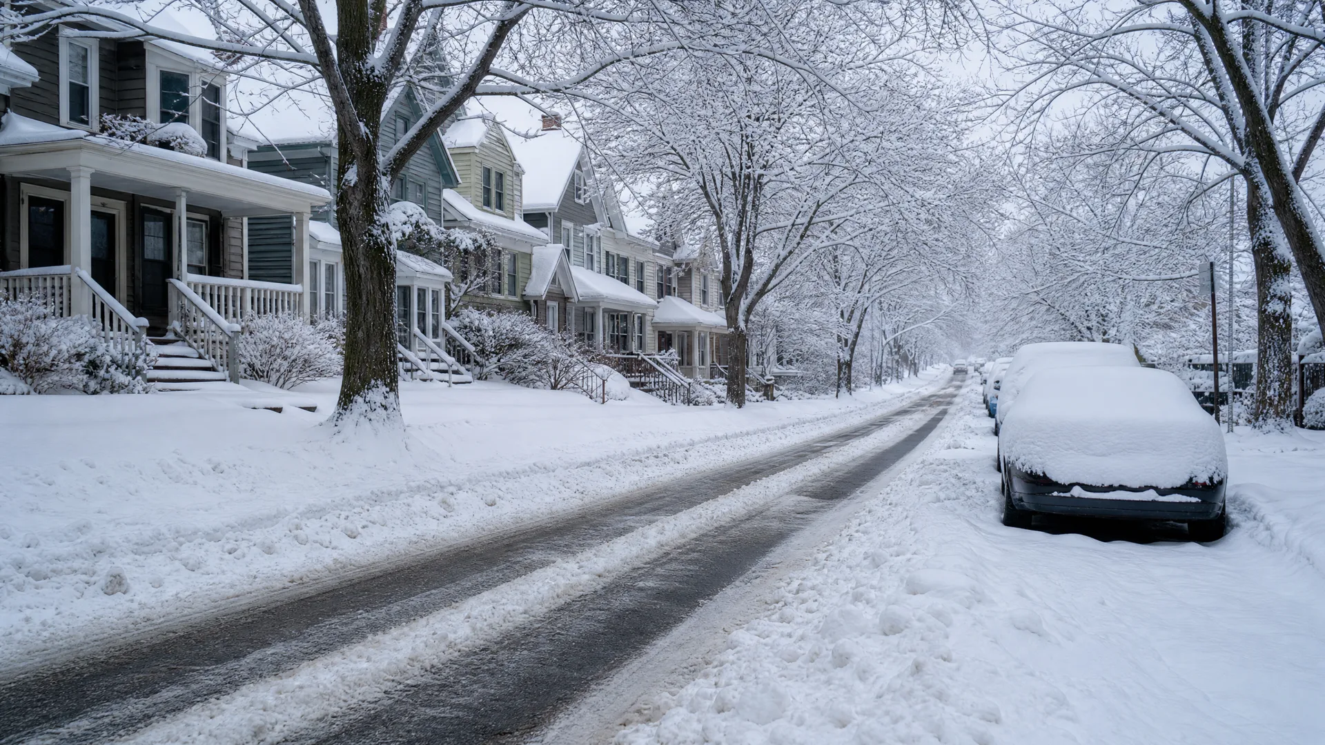 A snow-covered residential street lined with bare trees and wood-sided houses, with a snow-buried car parked at the right curb and tire tracks on the plowed road.