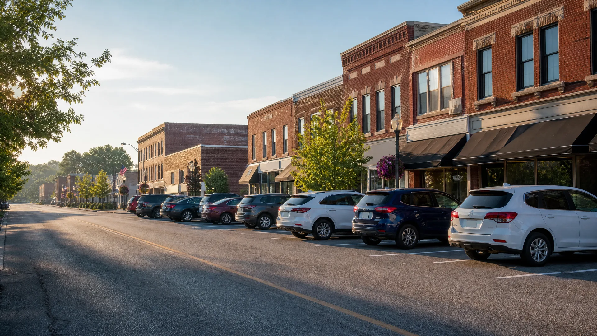 A row of cars angle-parked along a sunlit main street lined with two-story brick commercial buildings with awnings and leafy trees.