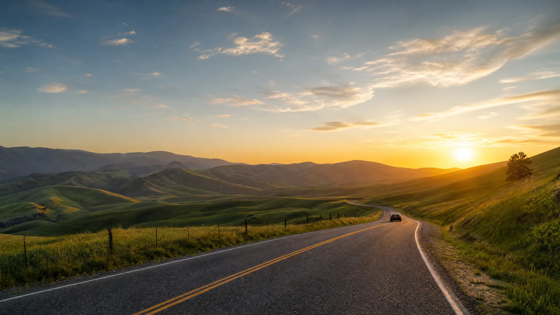 A two-lane road with double yellow centre lines curves through green rolling hills, with a single car in the distance and the sun low on the horizon.