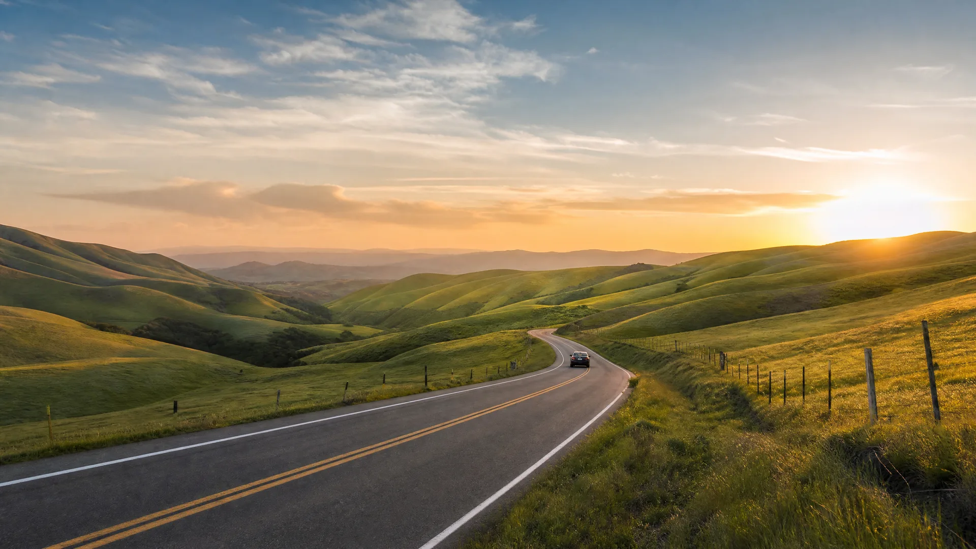 A two-lane road with double yellow center lines curves through green rolling hills toward a low sun, with a single car in the distance and a wire fence along the right shoulder.