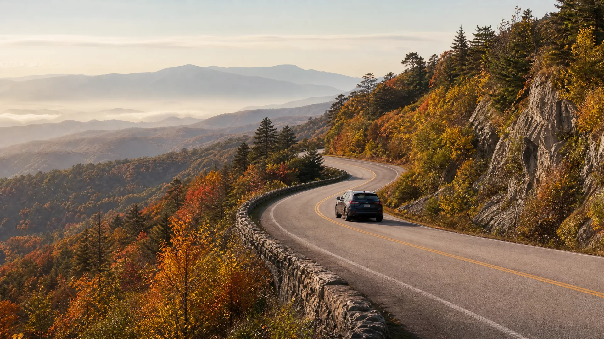 A dark SUV drives on a curving two-lane mountain road bordered by a low stone wall, with autumn-colored forest and hazy ridgelines in the distance.