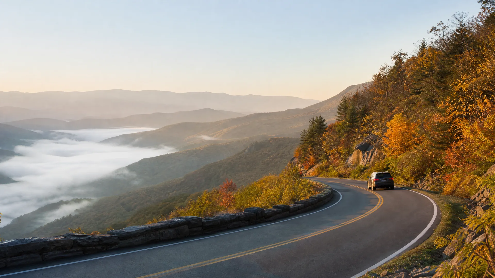 A curving two-lane mountain road with a stone retaining wall, bordered by trees in autumn color, with fog filling the valley and layered ridges in the distance; one car drives along the road.