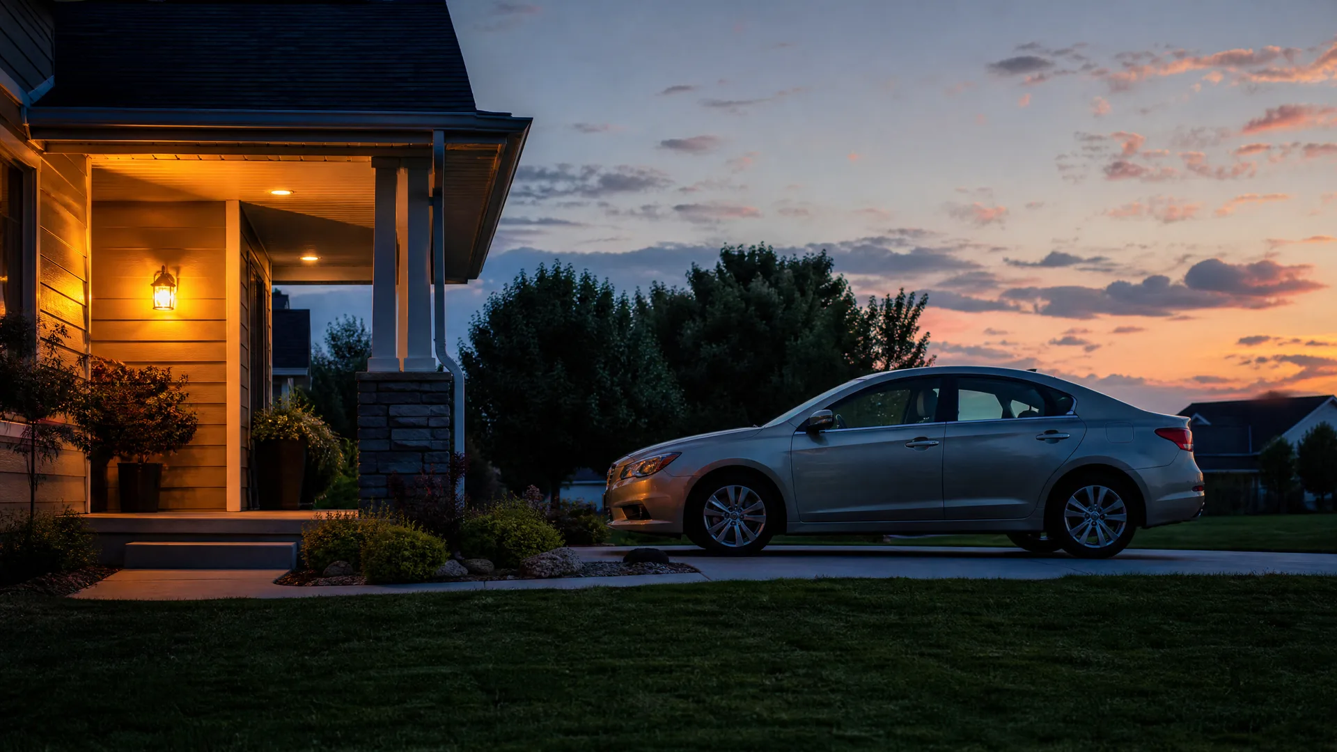 A silver four-door sedan parked on a concrete driveway beside a lawn, next to a house with a lit porch light at dusk.
