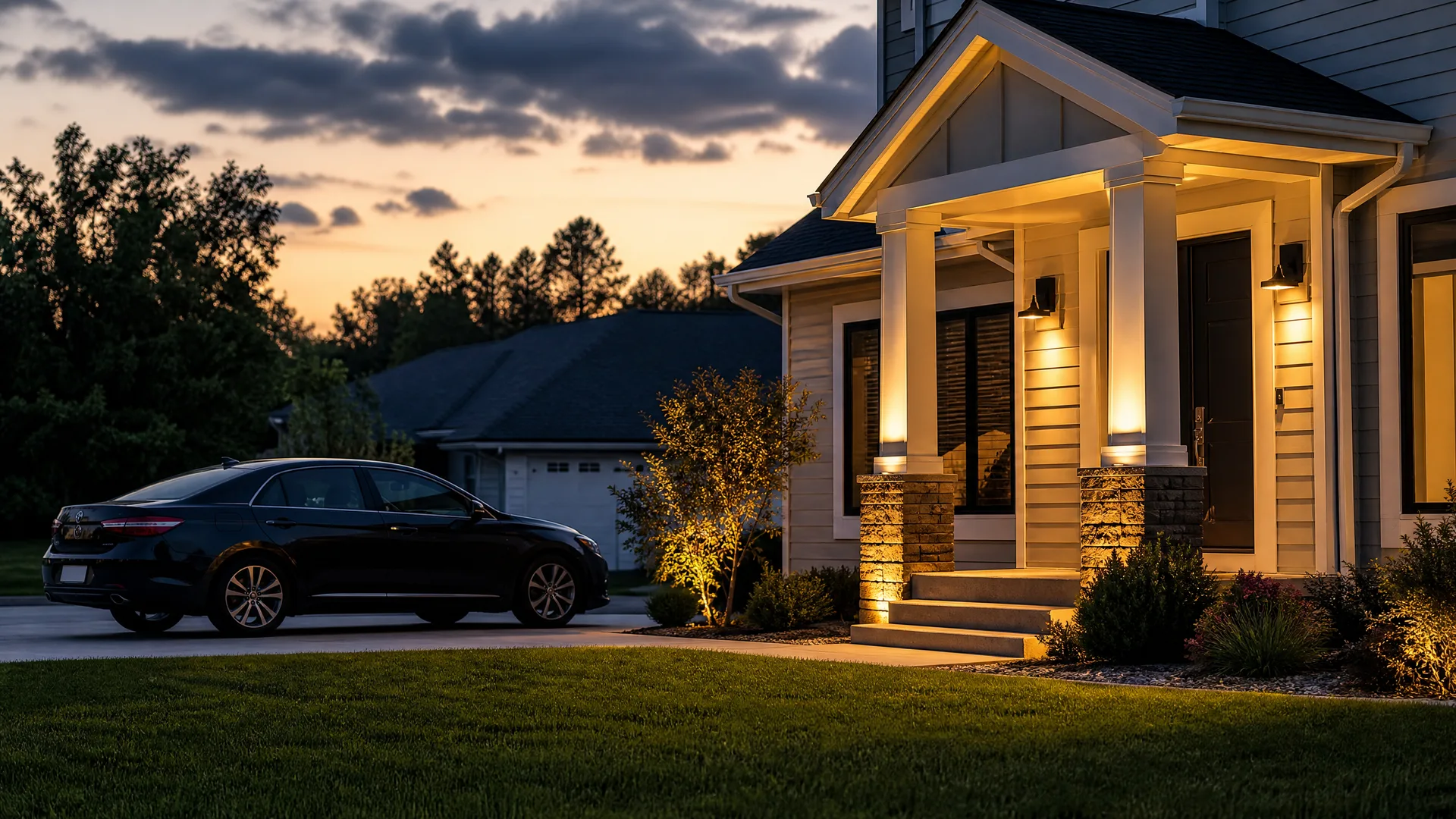 A dark sedan parked in a driveway at dusk beside a two-story house with a lit covered porch, stone-based columns, lawn and shrubs in the foreground.
