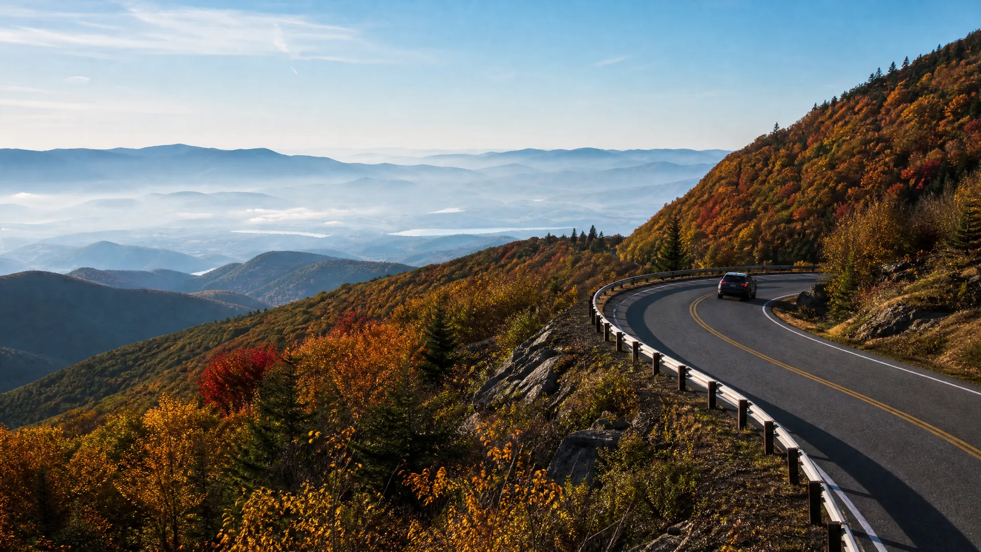 A curving two-lane mountain road with a guardrail and a single dark car, running along a ridge covered in orange and yellow autumn foliage above hazy blue mountain ridges.