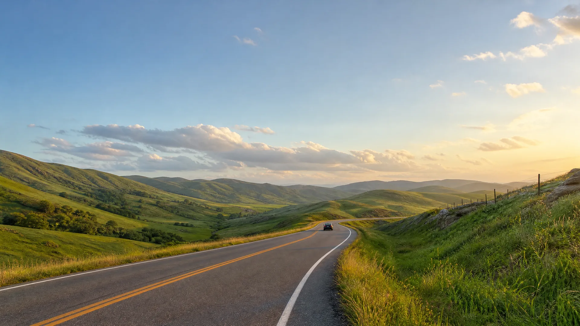 A two-lane road with a double yellow center line curves through green rolling hills at sunset, with a single dark car in the distance and a fence line along the right slope.