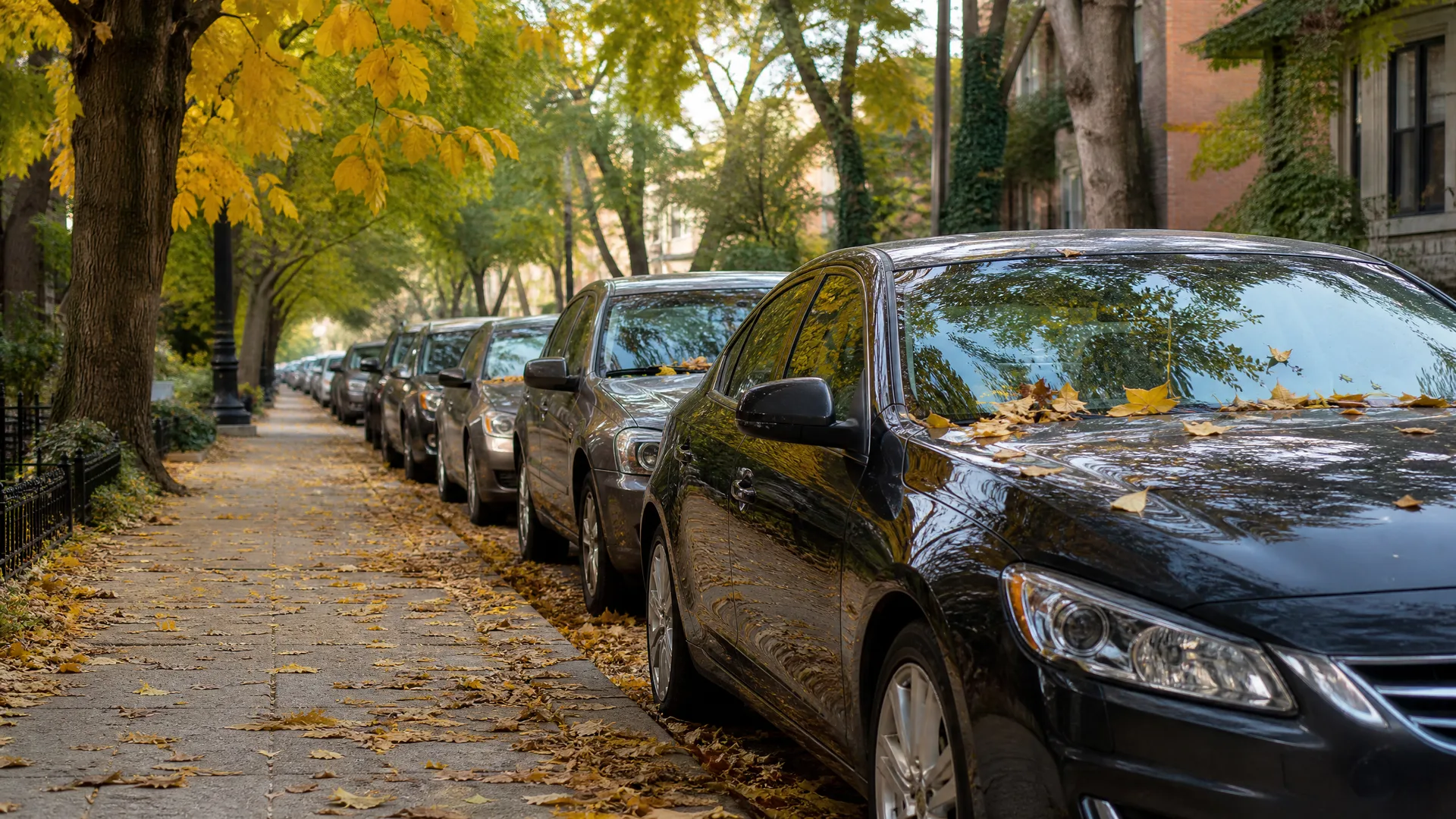 Cars parked along a curb on a residential street lined with trees in yellow autumn foliage, with fallen leaves covering the sidewalk and car hoods.