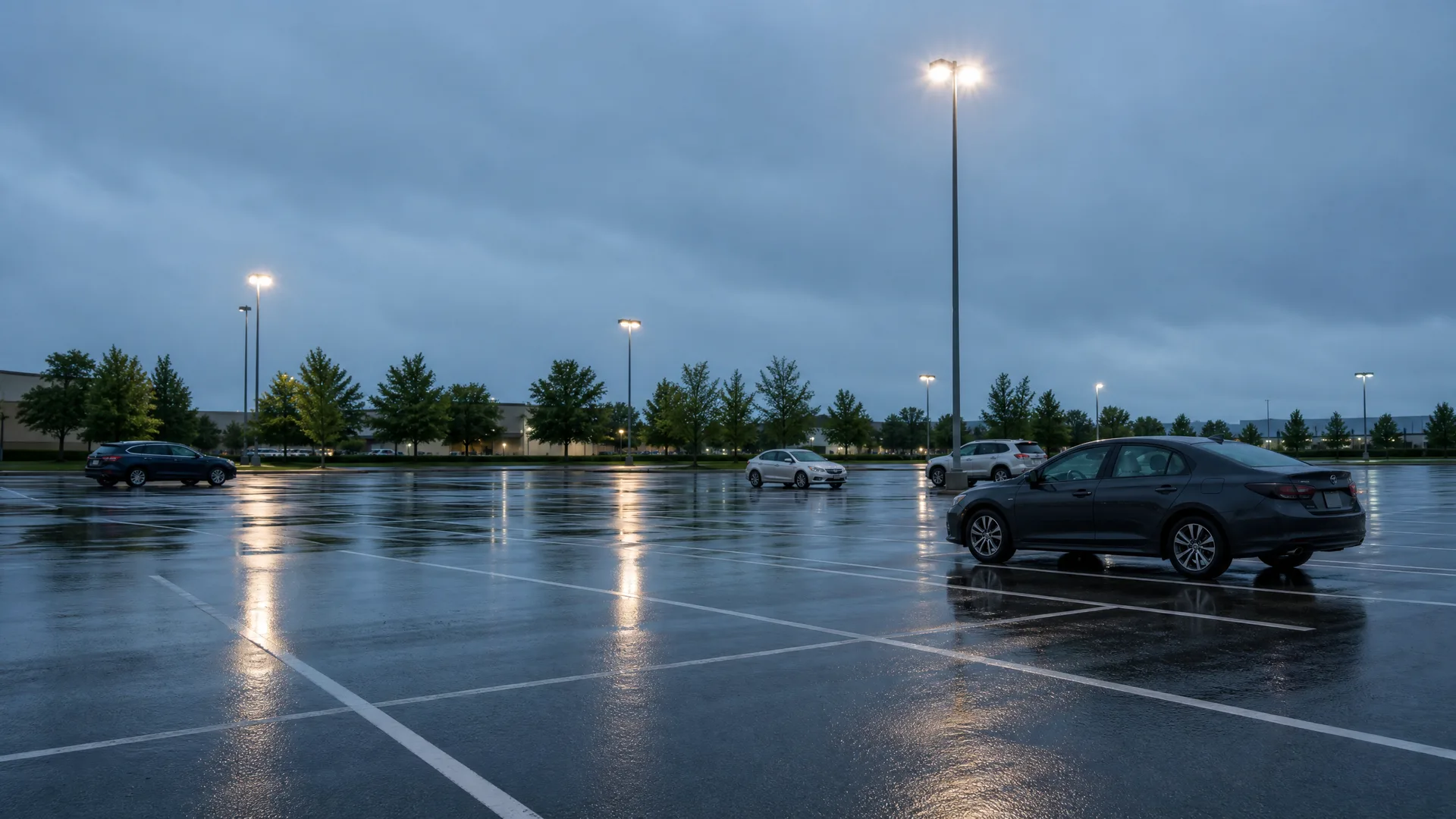 A wet, mostly empty parking lot at dusk with a few parked cars, lit light poles, a row of trees and low buildings in the background under heavy gray clouds.