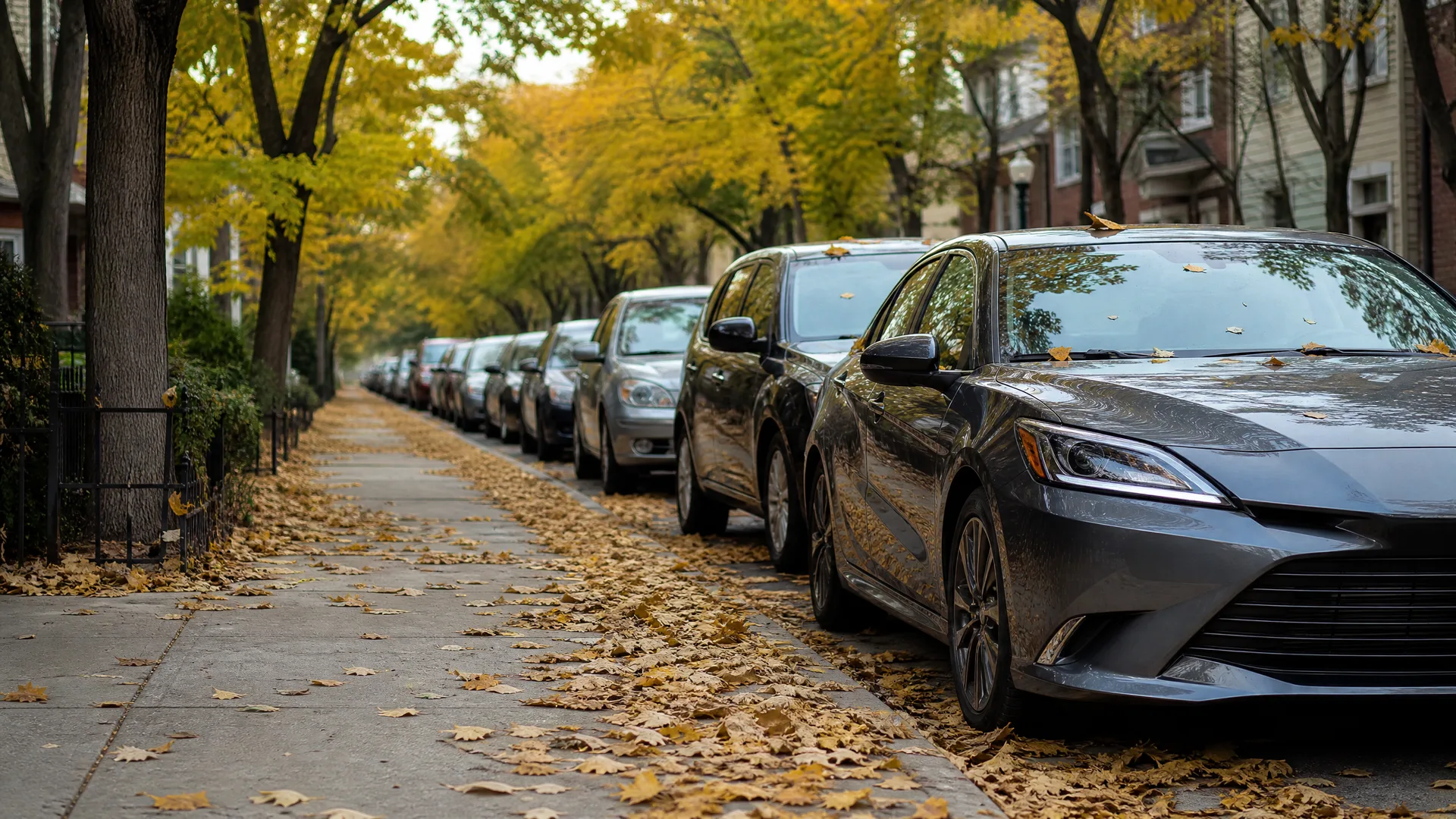 Cars parked along a residential street lined with yellow-leaved trees, with fallen leaves covering the curb and sidewalk.