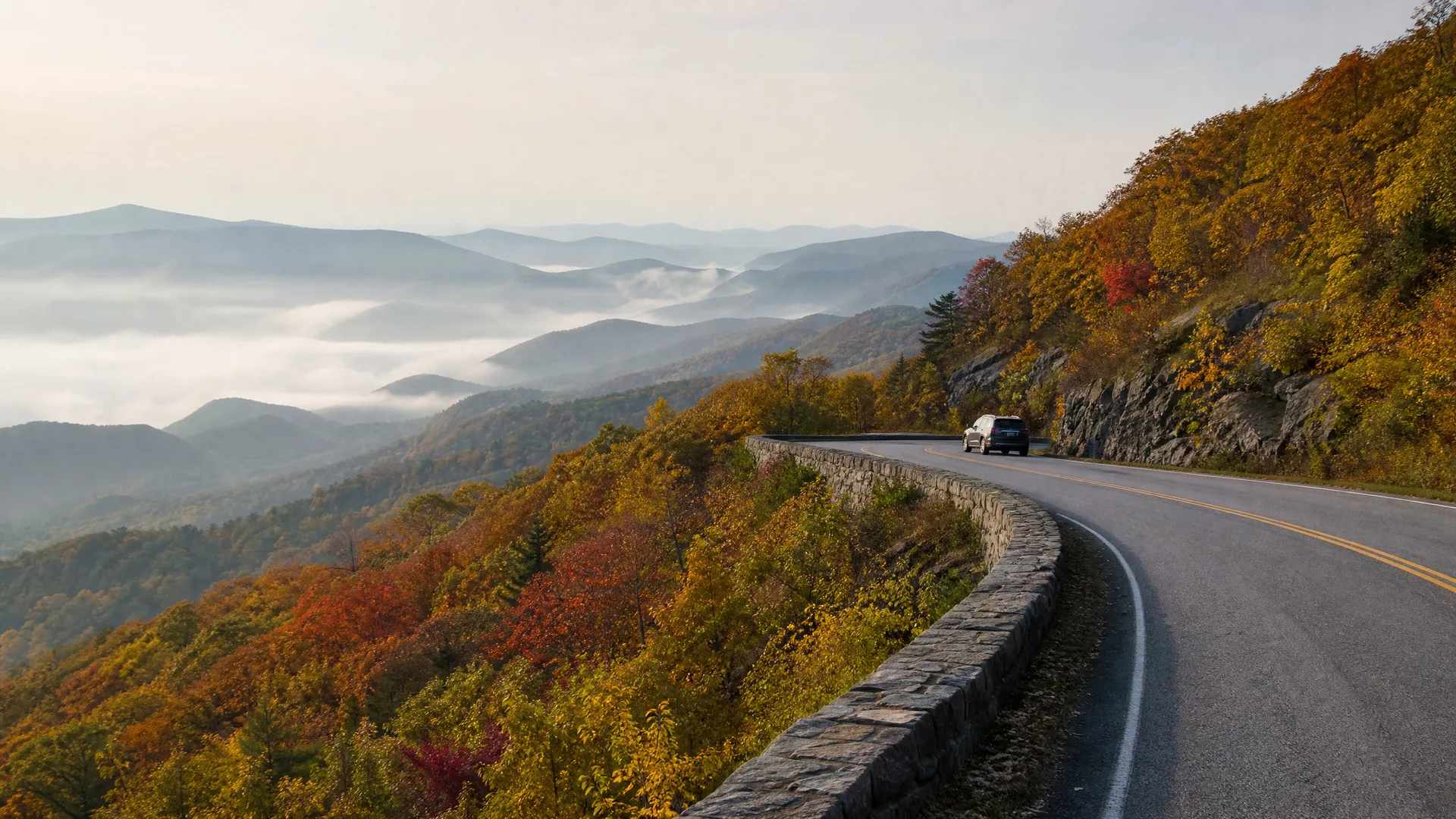 A curving two-lane road with a stone retaining wall runs along a forested ridge in autumn colors, overlooking layered mountain ridges and valley fog, with two vehicles on the road ahead.