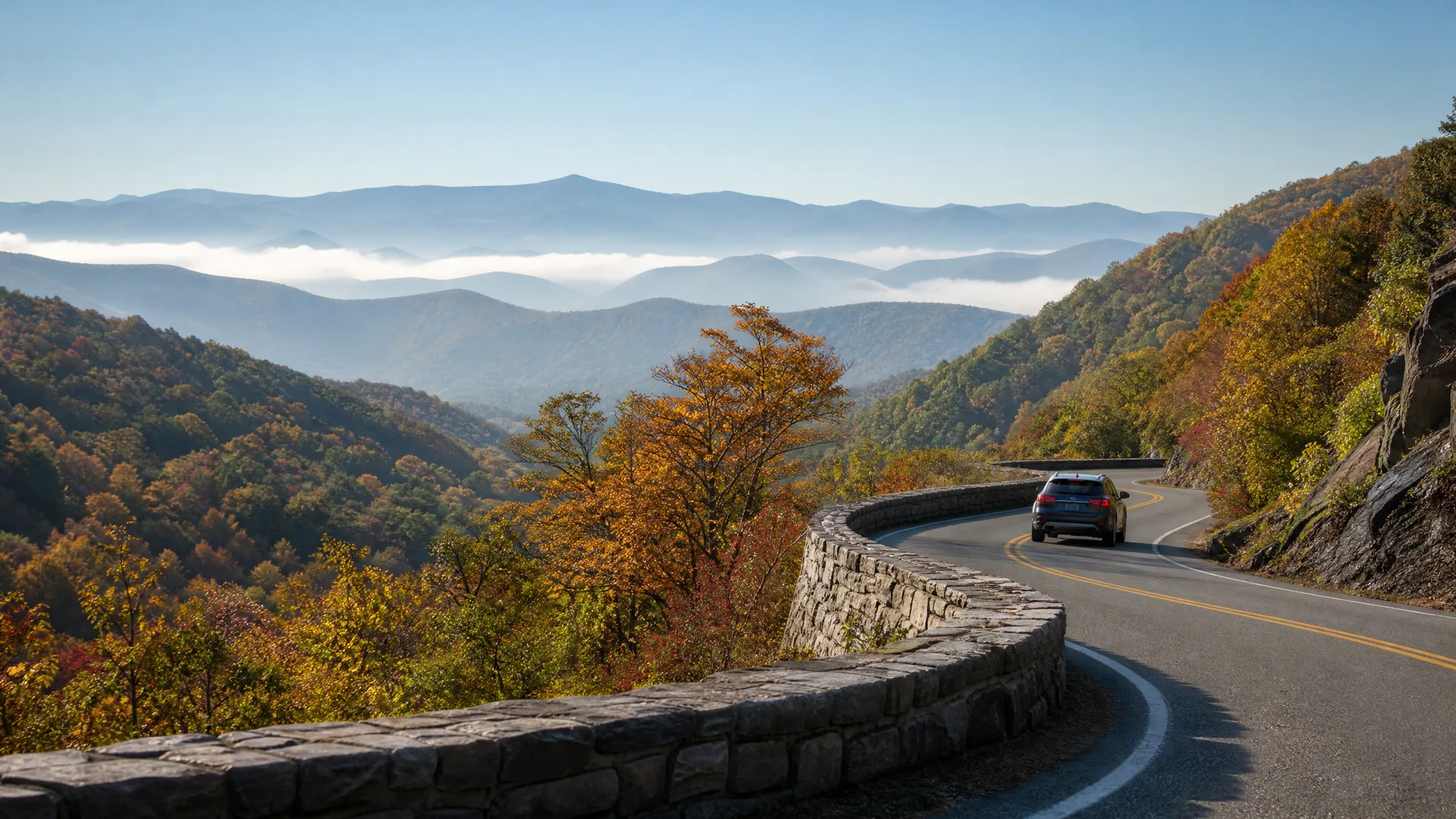 A dark SUV drives on a curving two-lane mountain road bordered by a stone wall, with autumn-colored trees and layered hazy ridges under a clear sky.