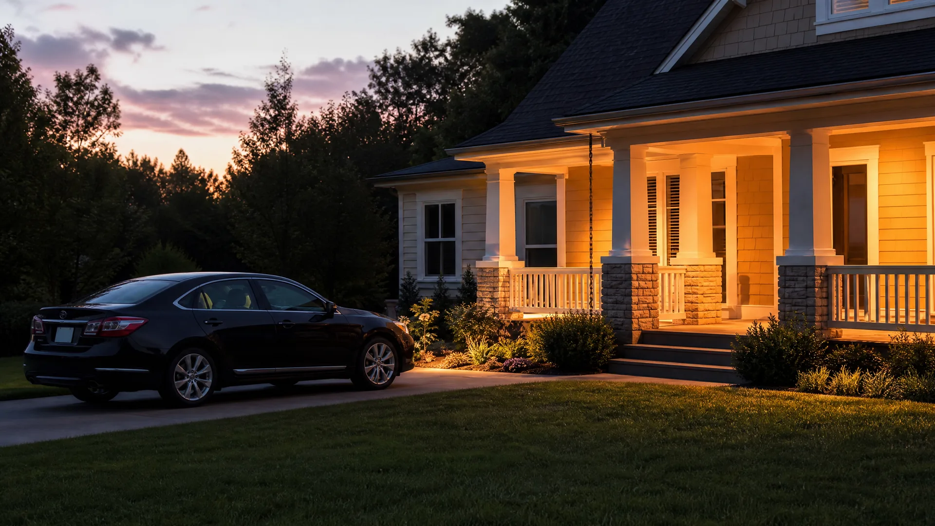 A dark sedan parked on a driveway at dusk beside a house with a lit covered porch, stone pillar bases, white railings and shrub plantings, with a lawn in the foreground and trees against a pink sky.