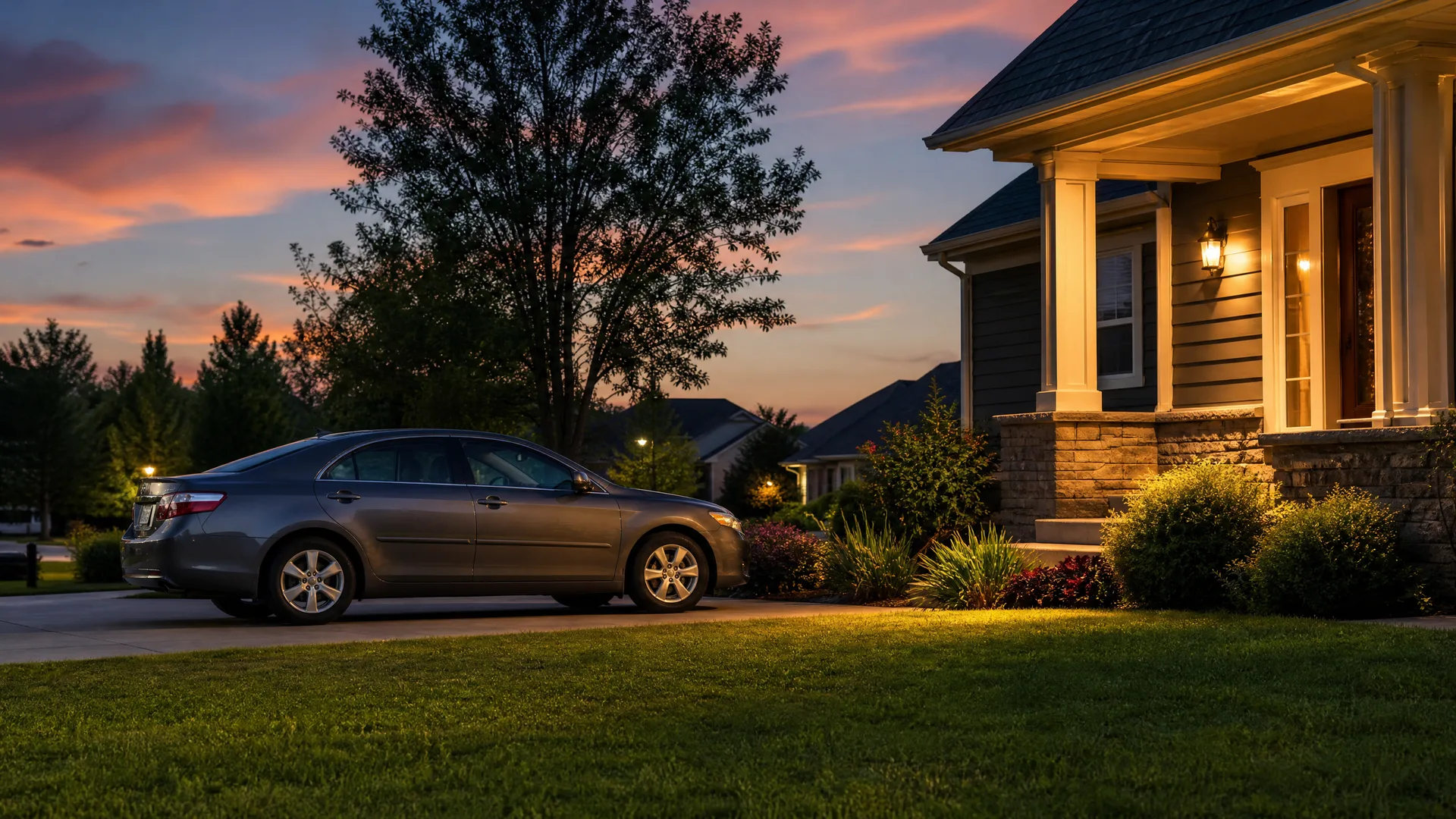 A gray sedan parked on a driveway beside a lawn in front of a house with a lit porch, stone base and horizontal siding, at dusk with a pink and blue sky.
