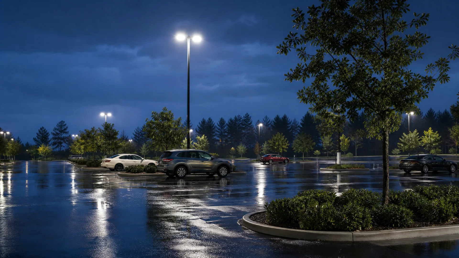 A wet parking lot at night lit by a tall double-head light pole, with a few parked cars, landscaped islands with shrubs and trees, and evergreen trees along the horizon under a dark cloudy sky.