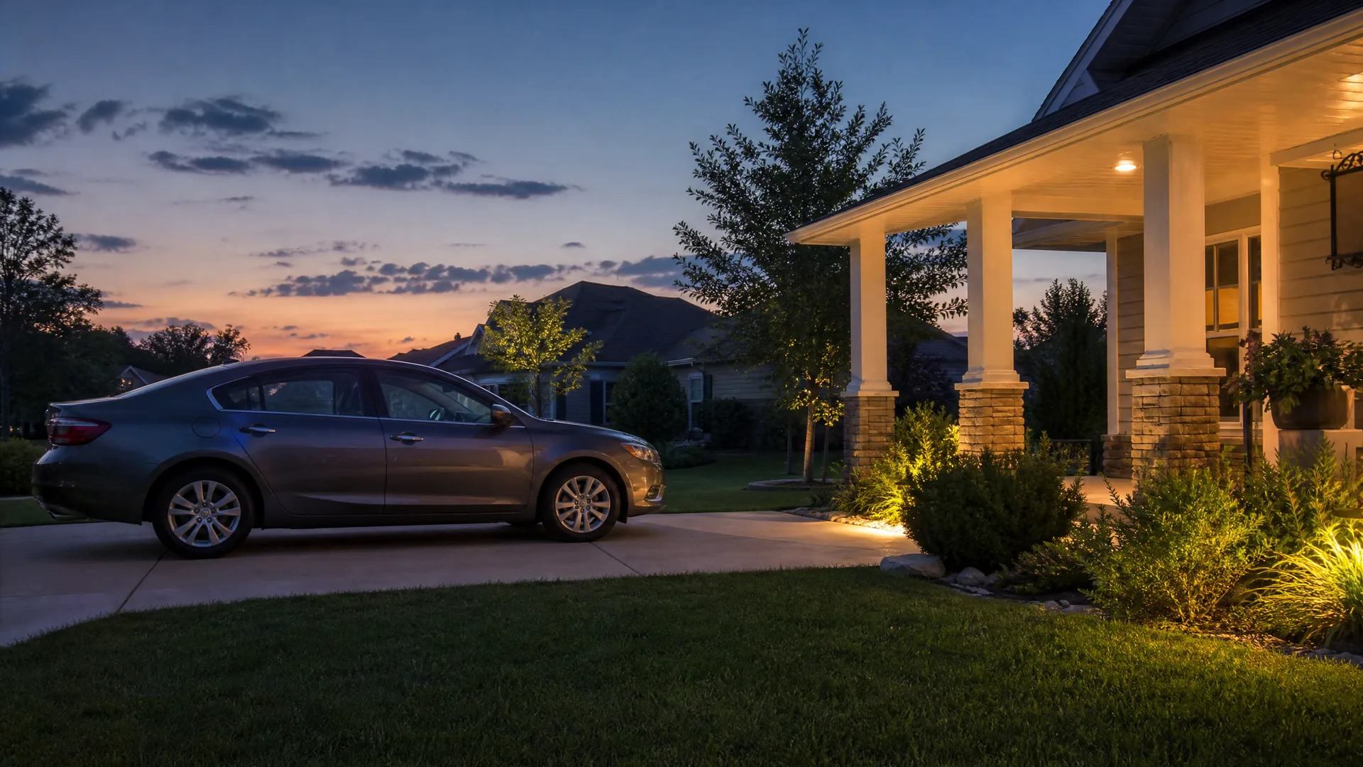 A dark gray sedan parked on a concrete driveway beside a house with a lit covered porch, stone column bases and landscaped shrubs, with a lawn in the foreground and a sunset sky behind.